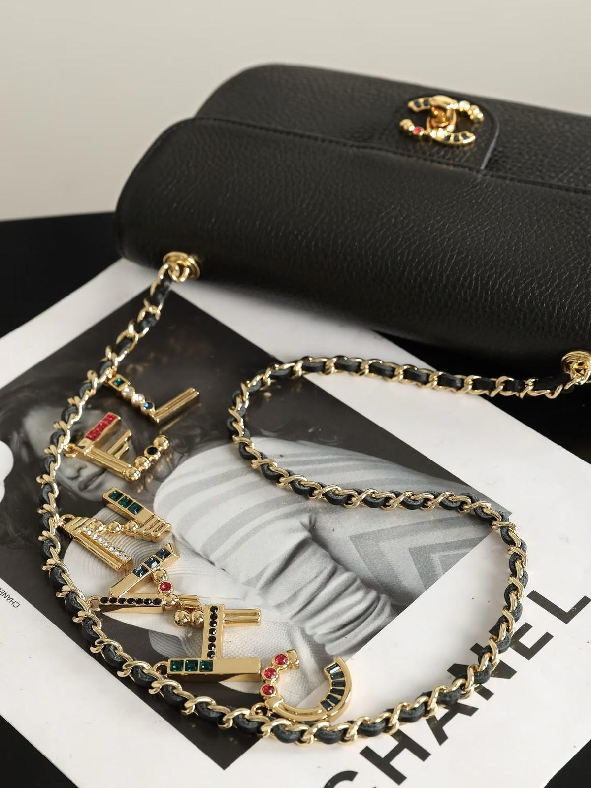 Chanel Flap Bag in Black Grained Calfskin with Gold-Tone Chain and Charm Strap · 2