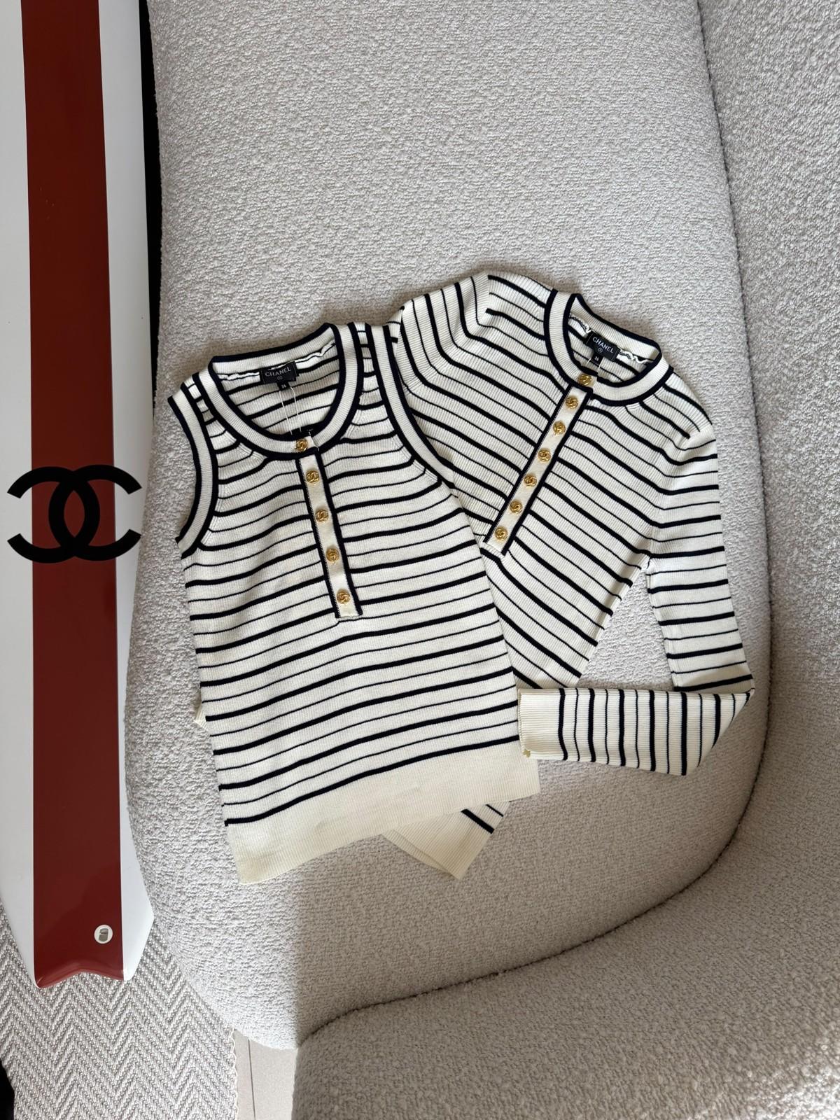 Chanel Striped Ribbed Knit Henley Top in Ivory and Black · 3