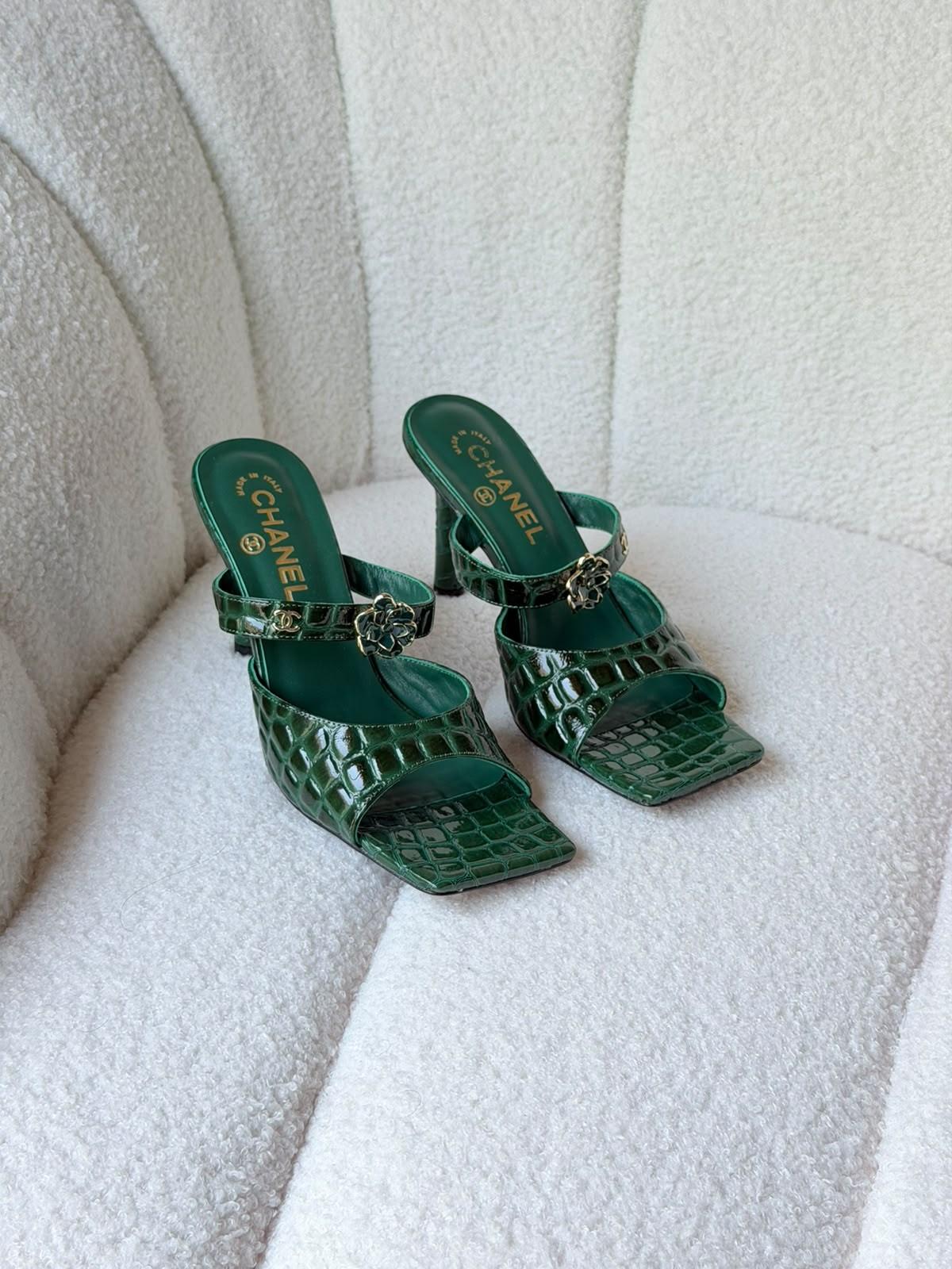 Chanel Crocodile-Embossed Patent Mule Sandals