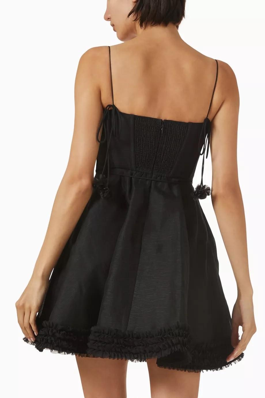 Zimmermann Black Corset-Bodice Ruffled Mini Dress with Floral Corsage · 2