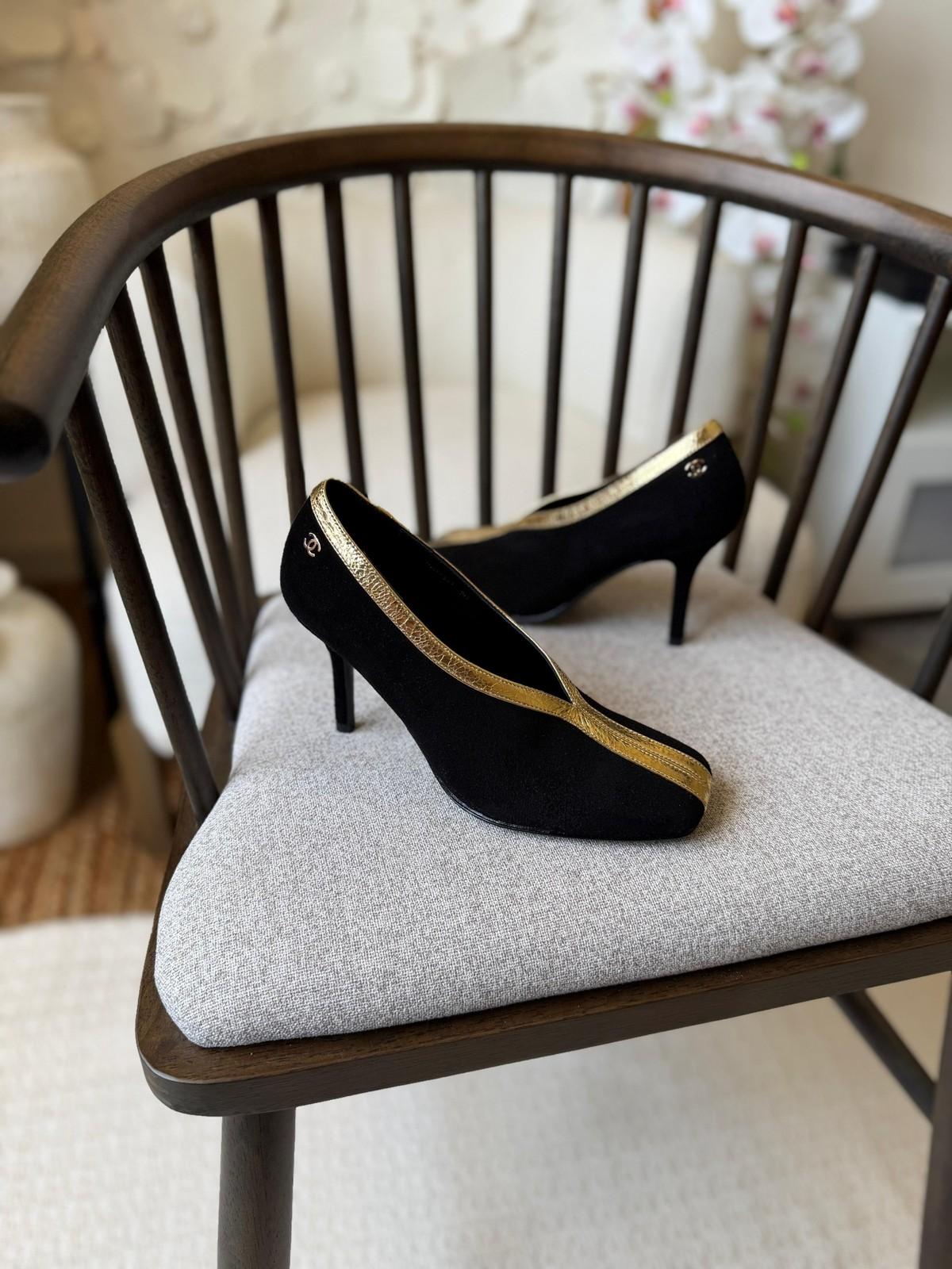 Chanel Black Suede Pumps with Gold Trim · 3