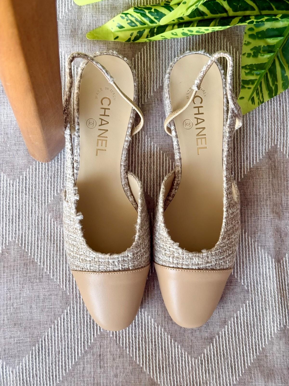 Chanel Slingback Pumps in Beige Tweed and Nude Leather Cap Toe · 3