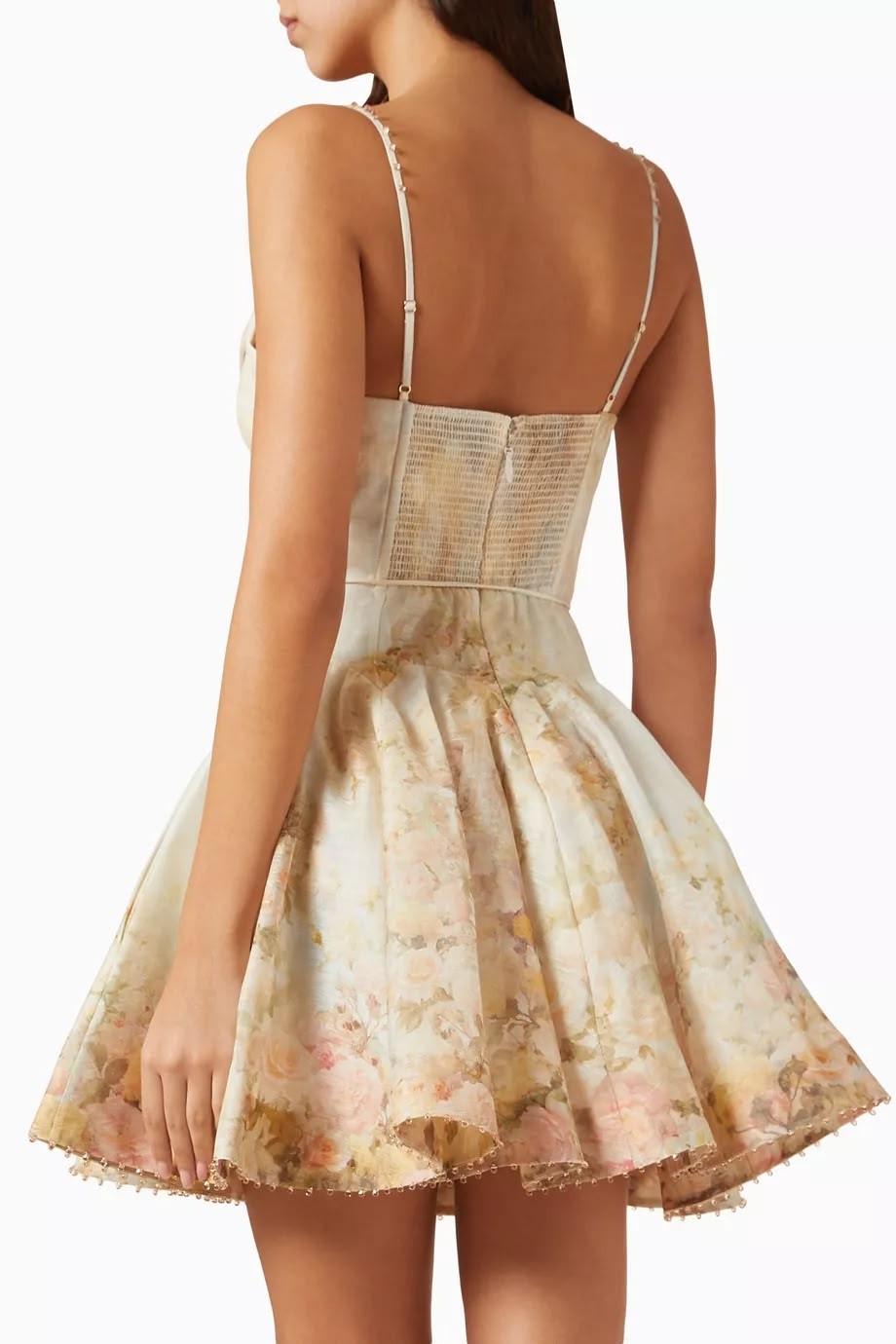 Zimmermann Floral Print Linen Cutout Mini Dress with 3D Floral Corsage · 2