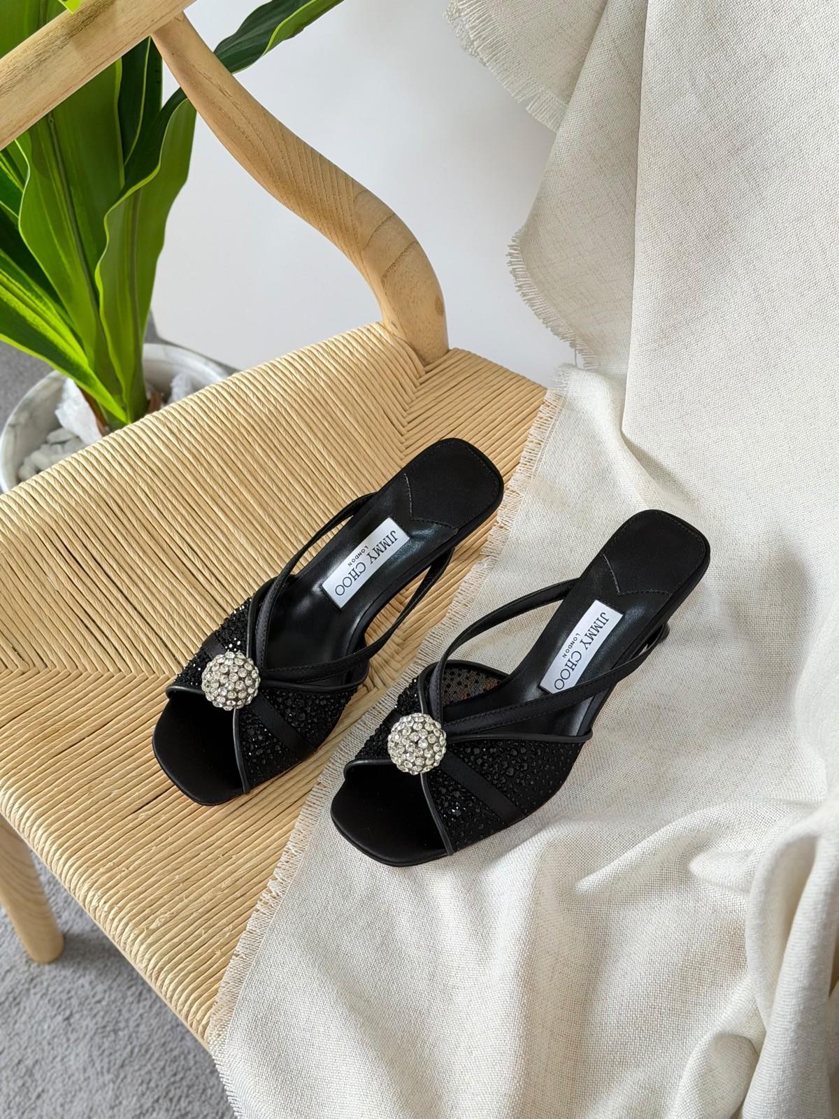 Jimmy Choo Black Embellished Crystal Slide Sandals