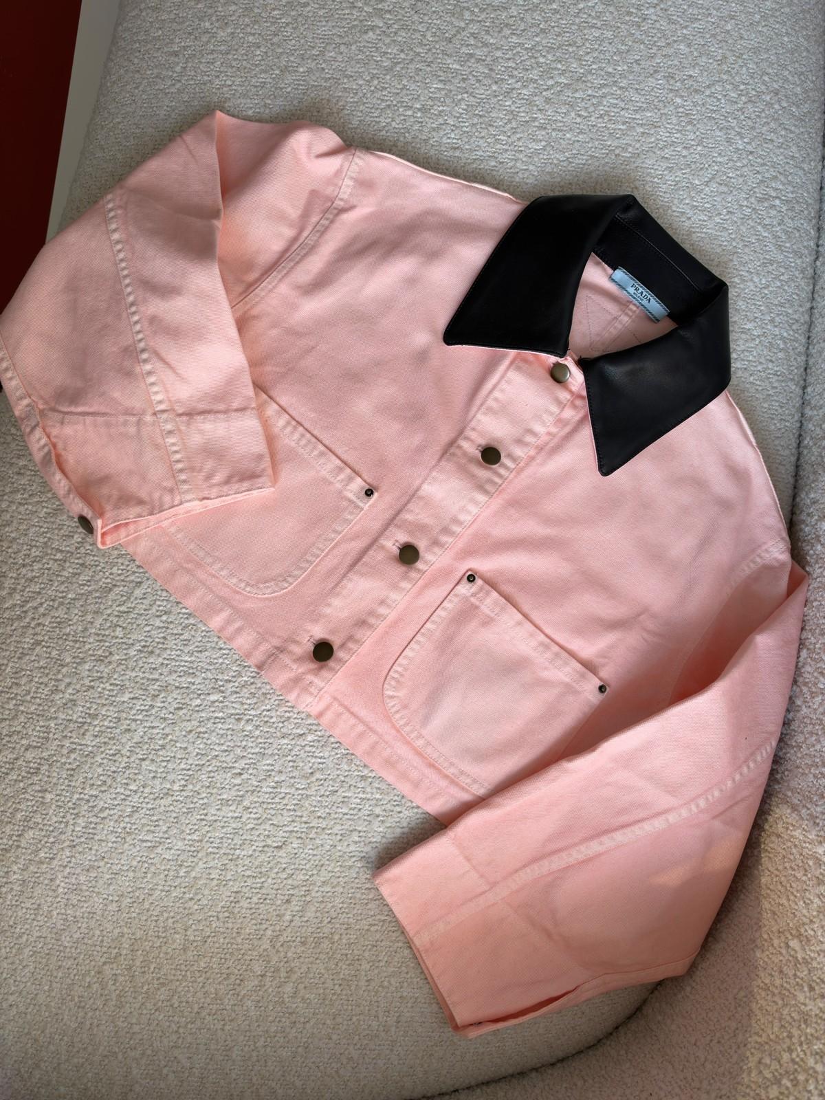 Prada Cropped Denim Jacket in Pink with Black Leather Collar · 2