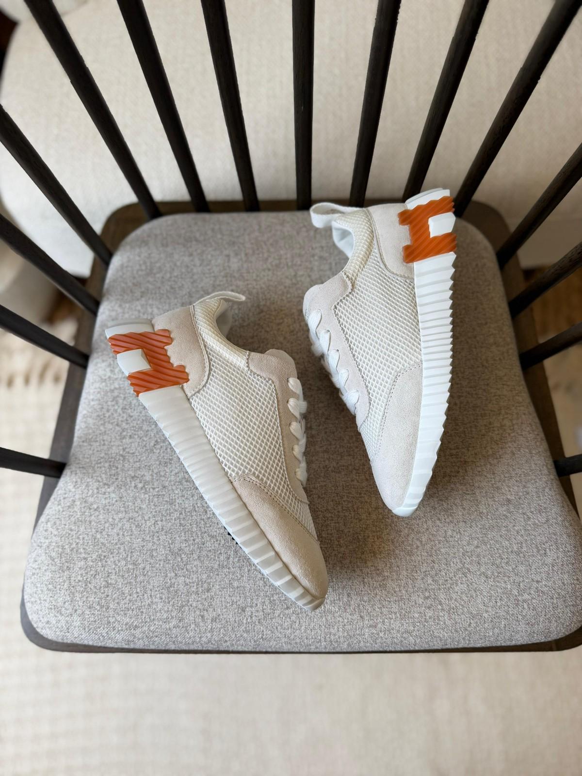 Hermès Bouncing Sneaker in White Mesh and Suede with Orange H · 2