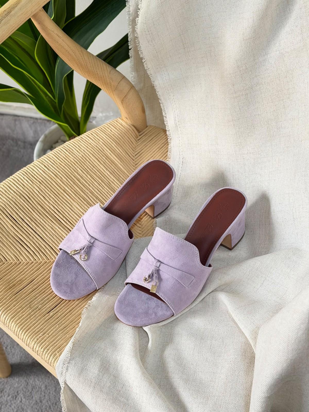 Loro Piana Suede Open-Toe Mule in Lavender with Charm Detail · 2