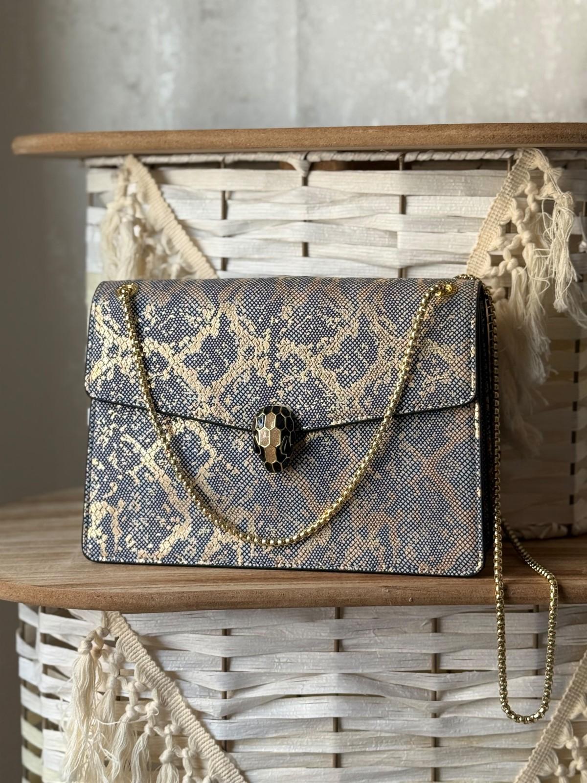 Snake-Print Flap Bag with Enamel Serpent Head Clasp and Gold Chain · 2