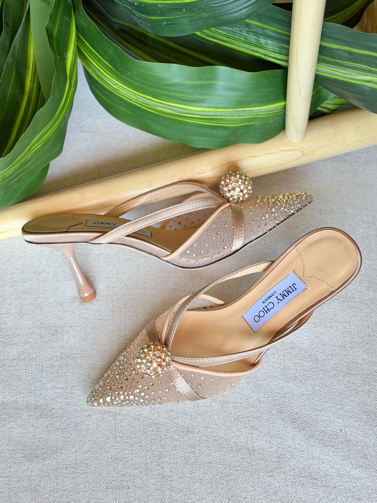 Jimmy Choo Crystal Embellished Pointed Mule in Champagne Mesh · 2