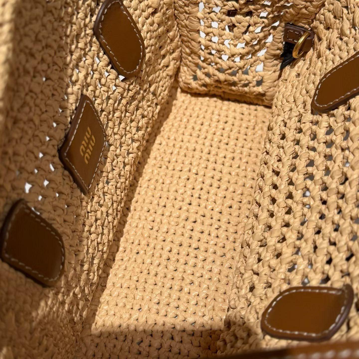 Miu Miu Raffia Top-Handle Bag in Natural Woven Raffia with Leather Trim · 3