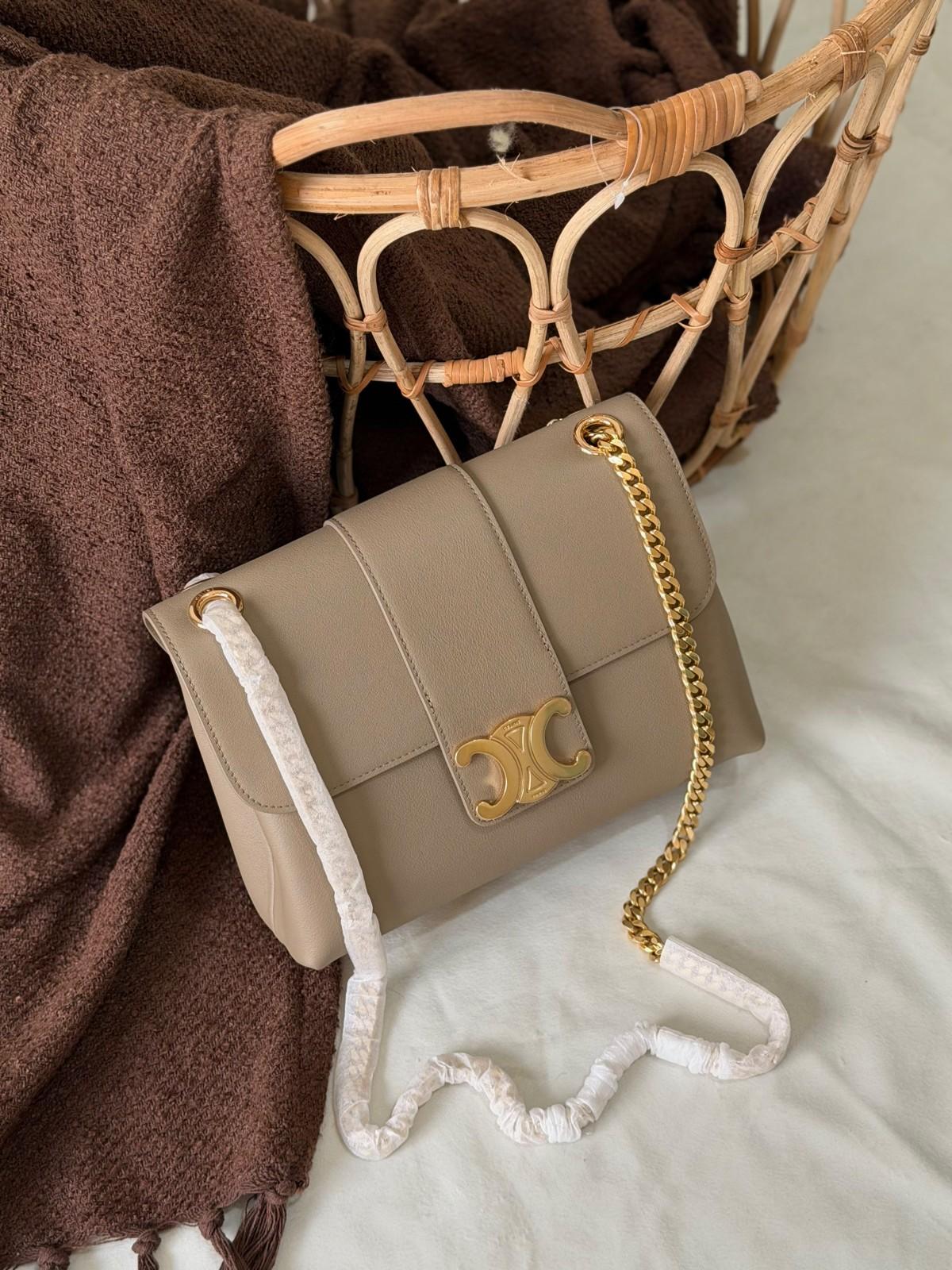 Celine Triomphe chain shoulder bag in calfskin and Triomphe canvas