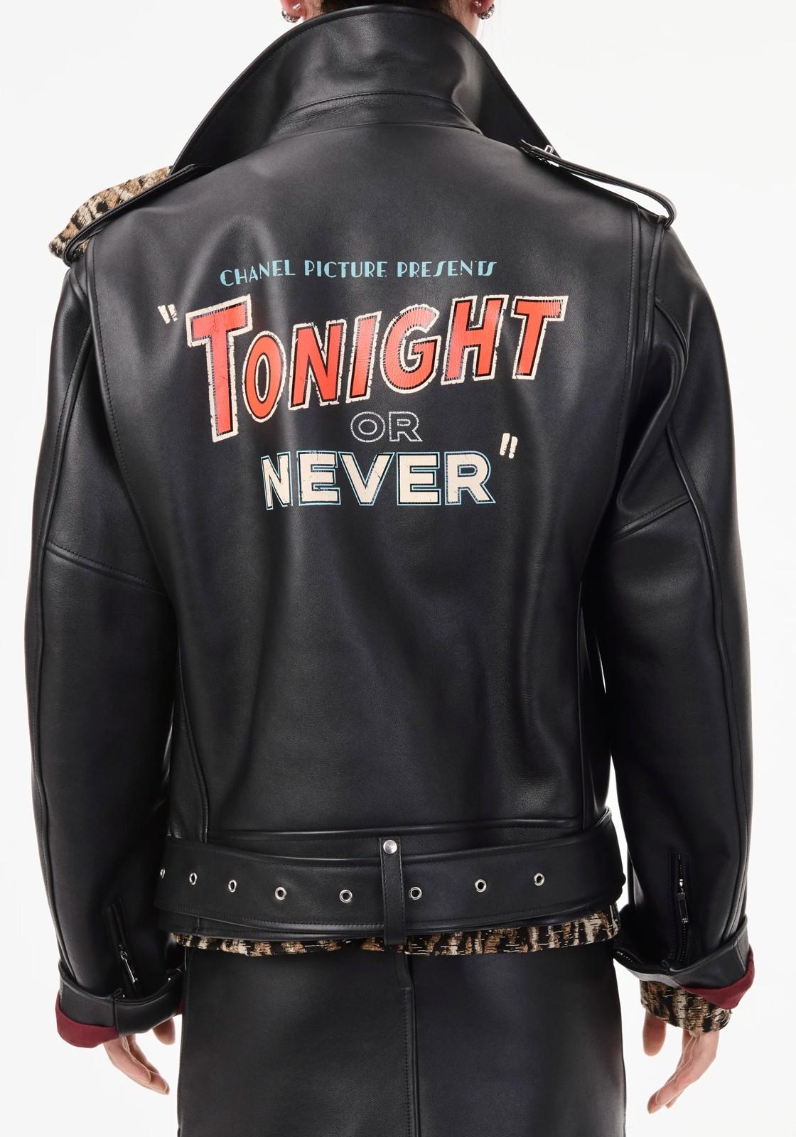Chanel Black Lambskin Belted Biker Jacket with 'Tonight or Never' Back Embroidery · 3