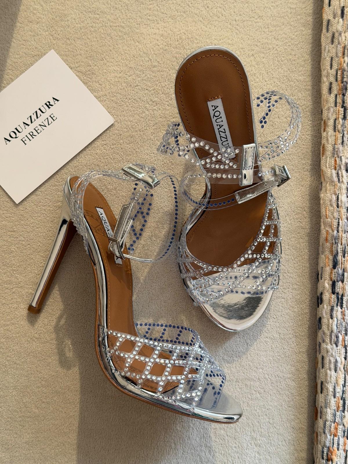 Aquazzura Silver Rhinestone Cage Sandals in PVC and Leather · 2