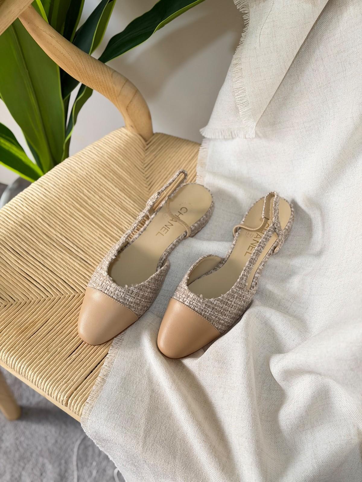 Chanel Slingback Pumps in Beige Tweed and Nude Leather Cap Toe · 2