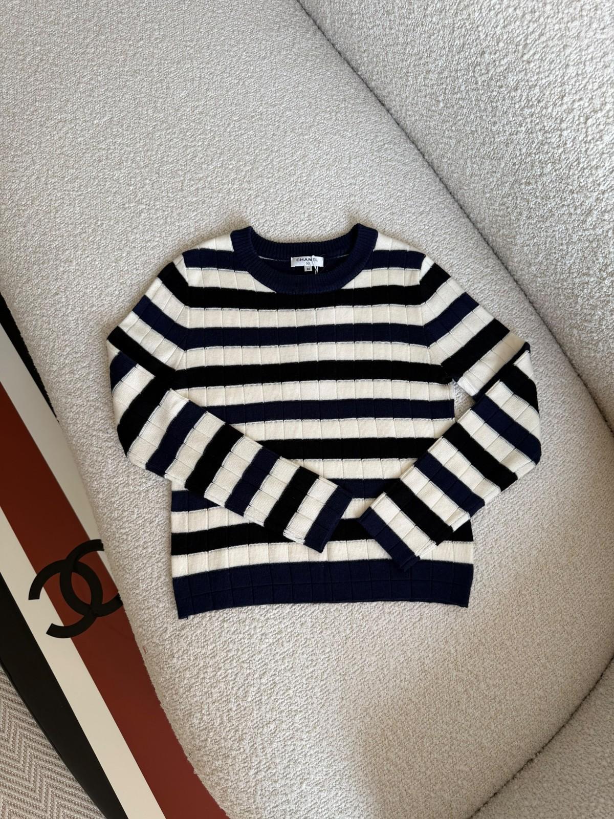 Chanel Striped Ribbed Knit Sweater in Navy and White · 2
