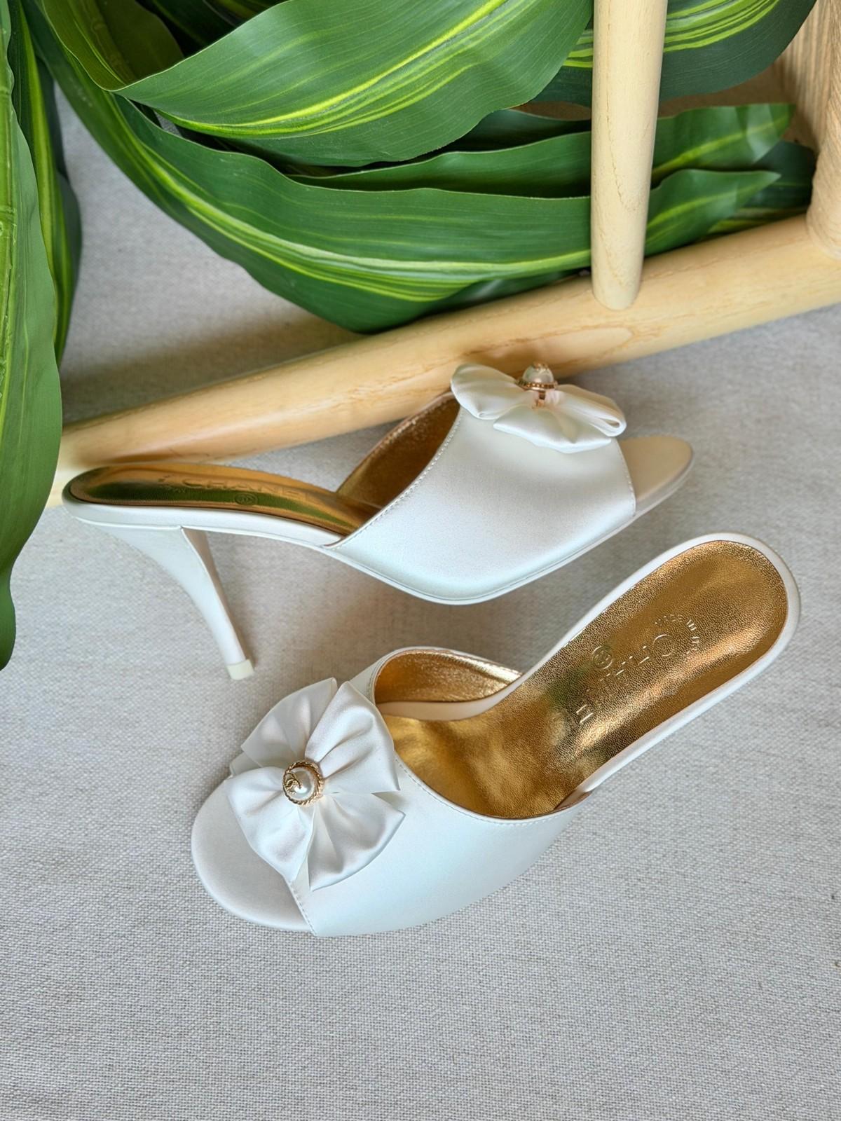 White Satin Peep-Toe Mule Heels with Ruched Bow & Pearl Brooch · 2