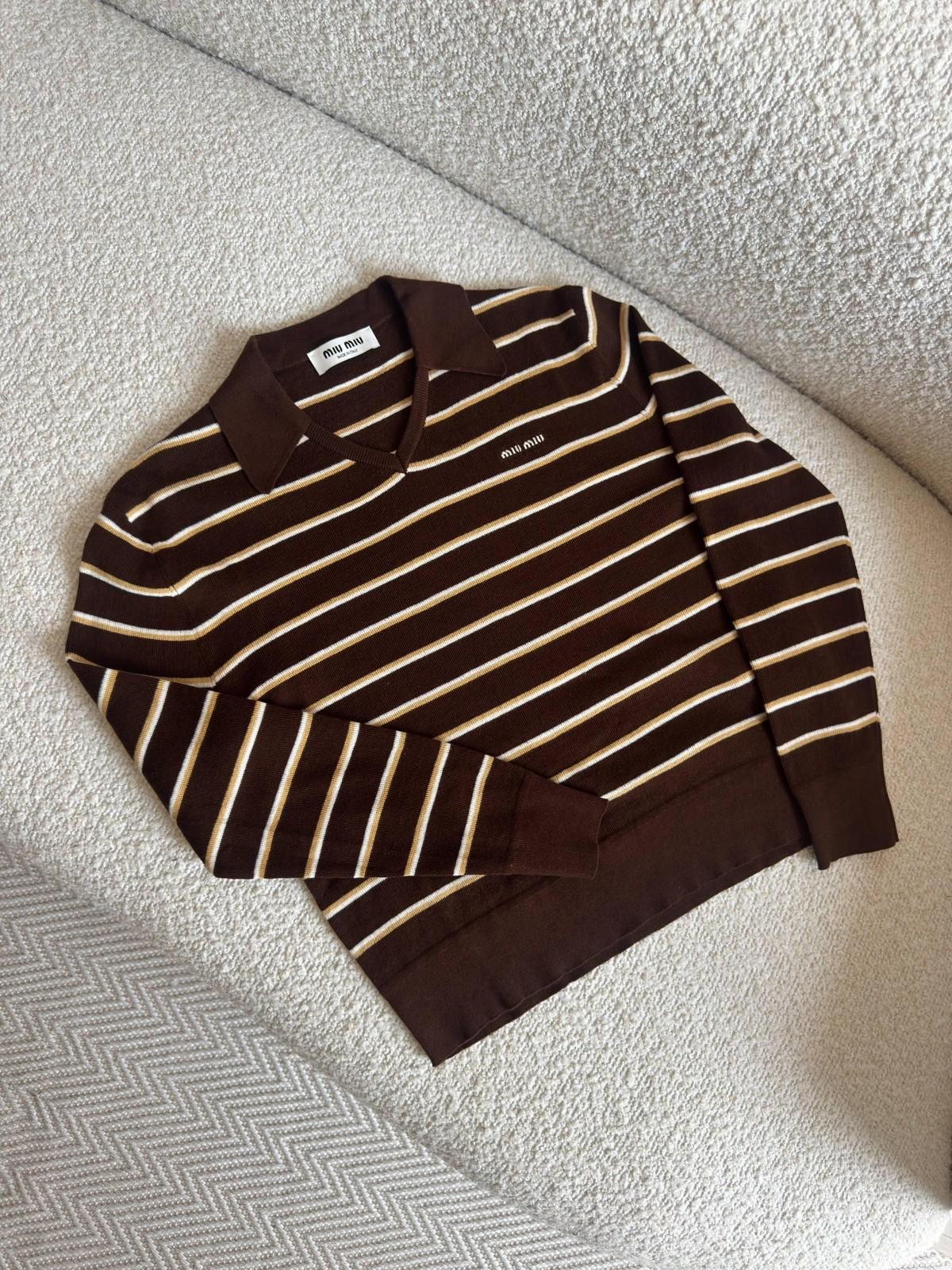 Miu Miu Striped Knit Polo Sweater in Brown with Ivory Stripes · 2