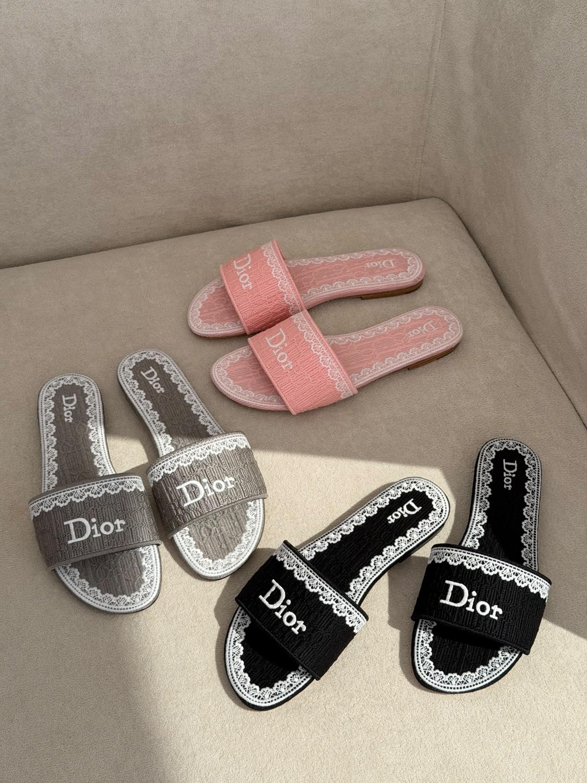 Dior D-Lace Slide Sandal in Embroidered Cotton with Lace Trim · 2