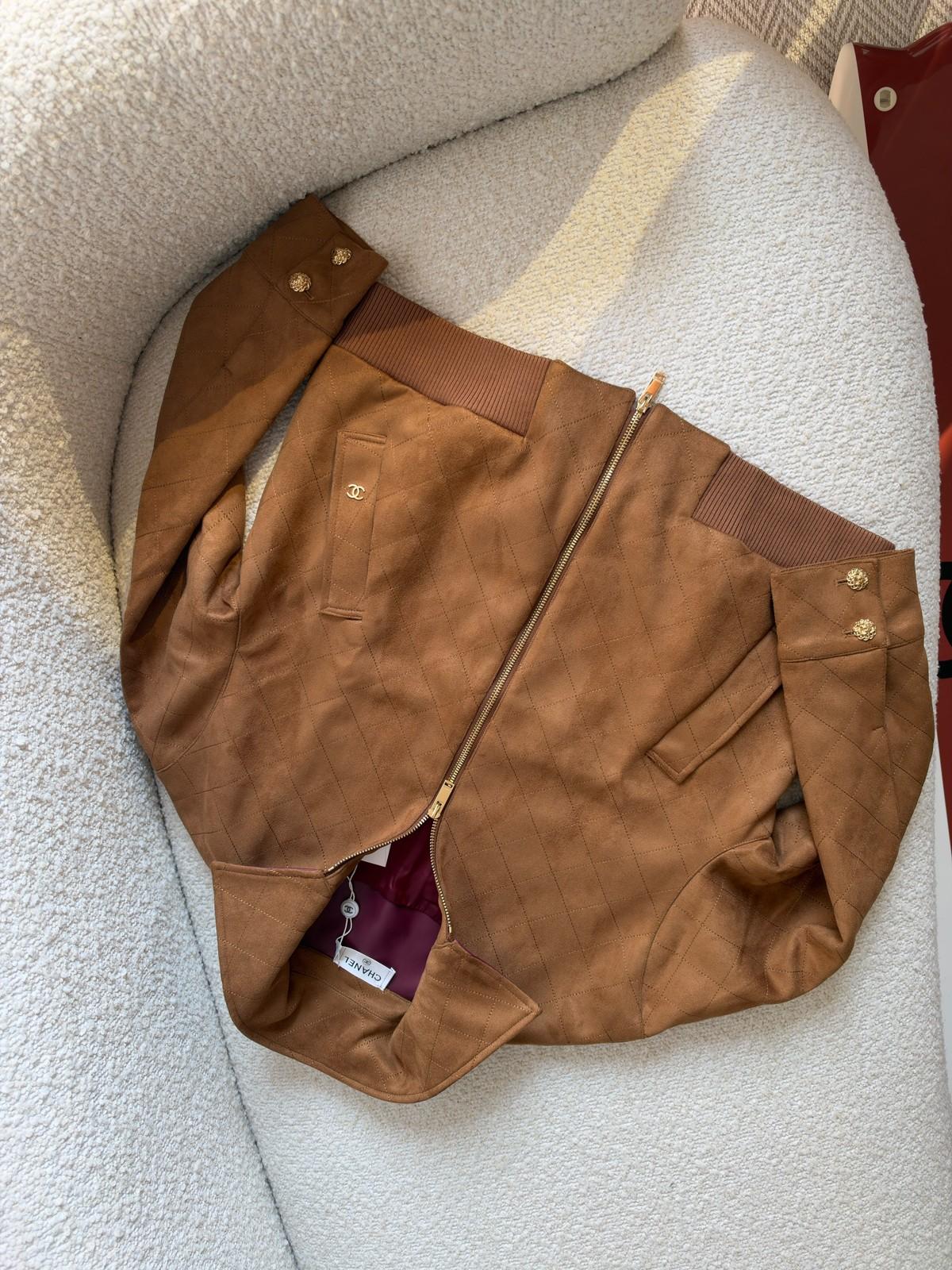 Chanel Quilted Lambskin Bomber Jacket in Brown with Burgundy Collar · 3