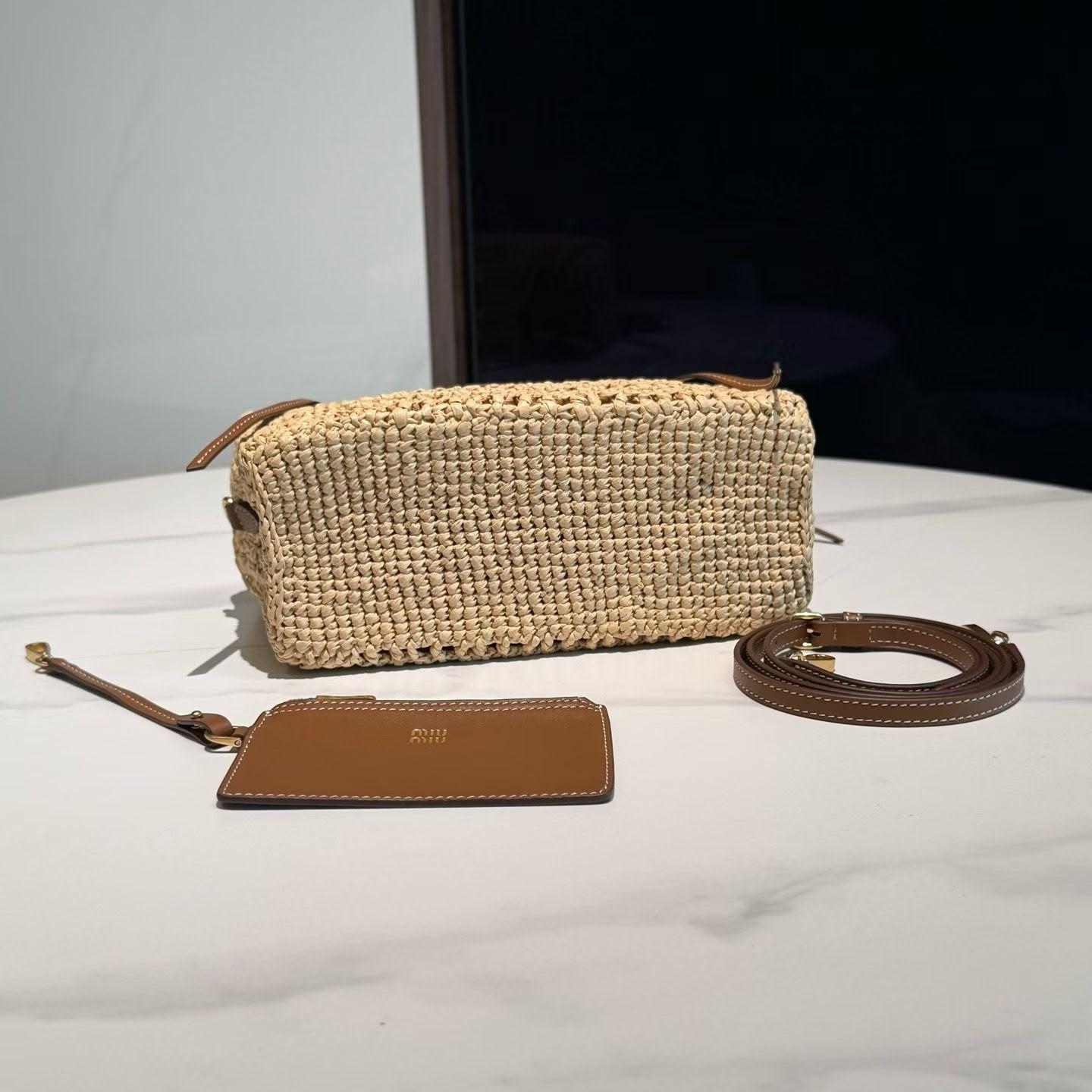 Miu Miu Raffia Top-Handle Bag in Natural Woven Raffia with Leather Trim · 2