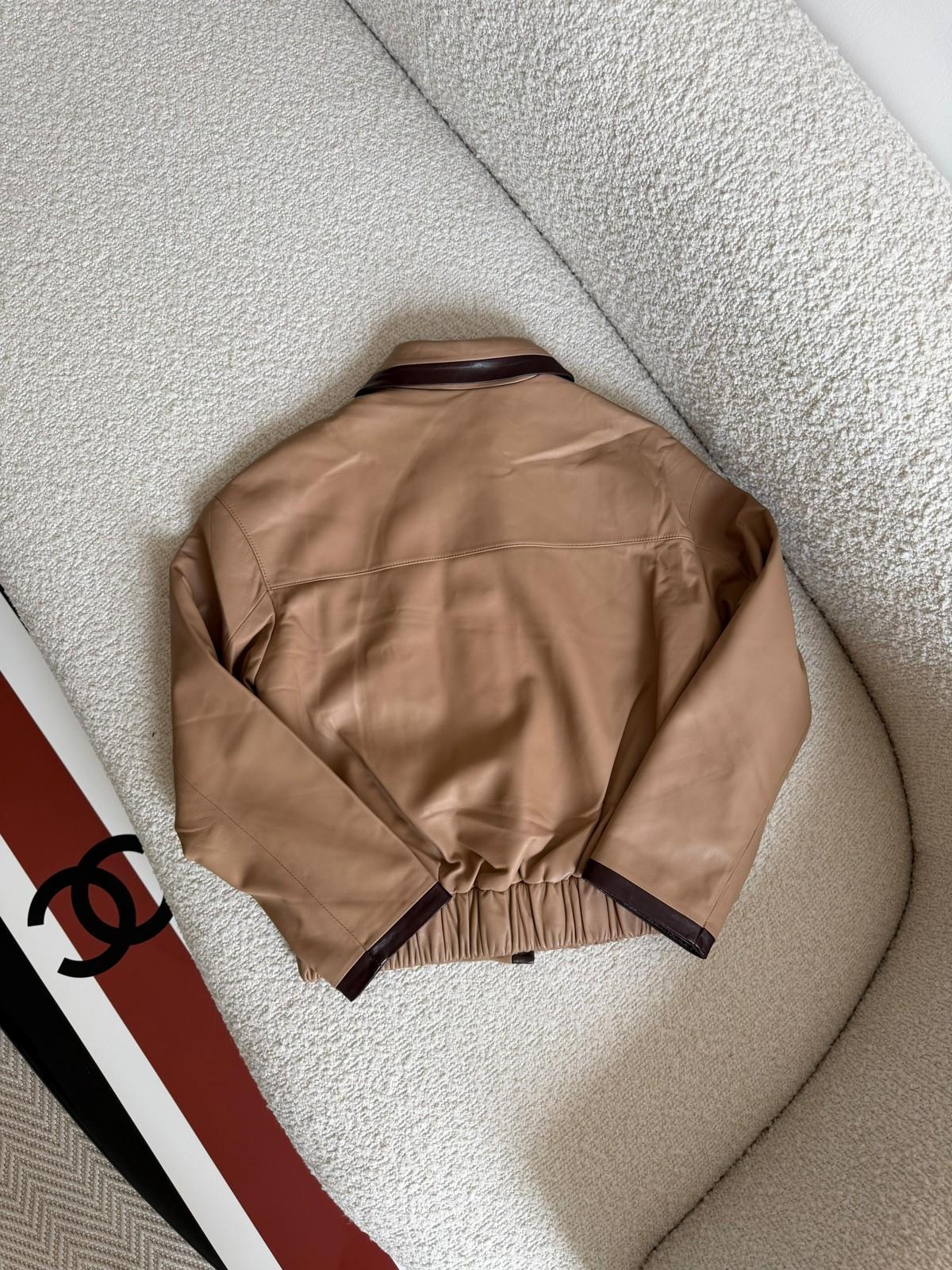 Chanel Beige Lambskin Bomber Jacket with Dark Brown Trim · 3