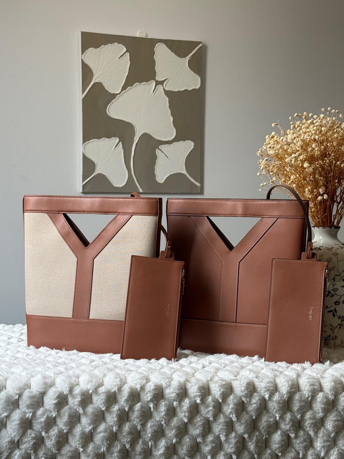 Y-Strap Cut-Out Tote Bag in Tan Leather and Canvas with Pouch · 3