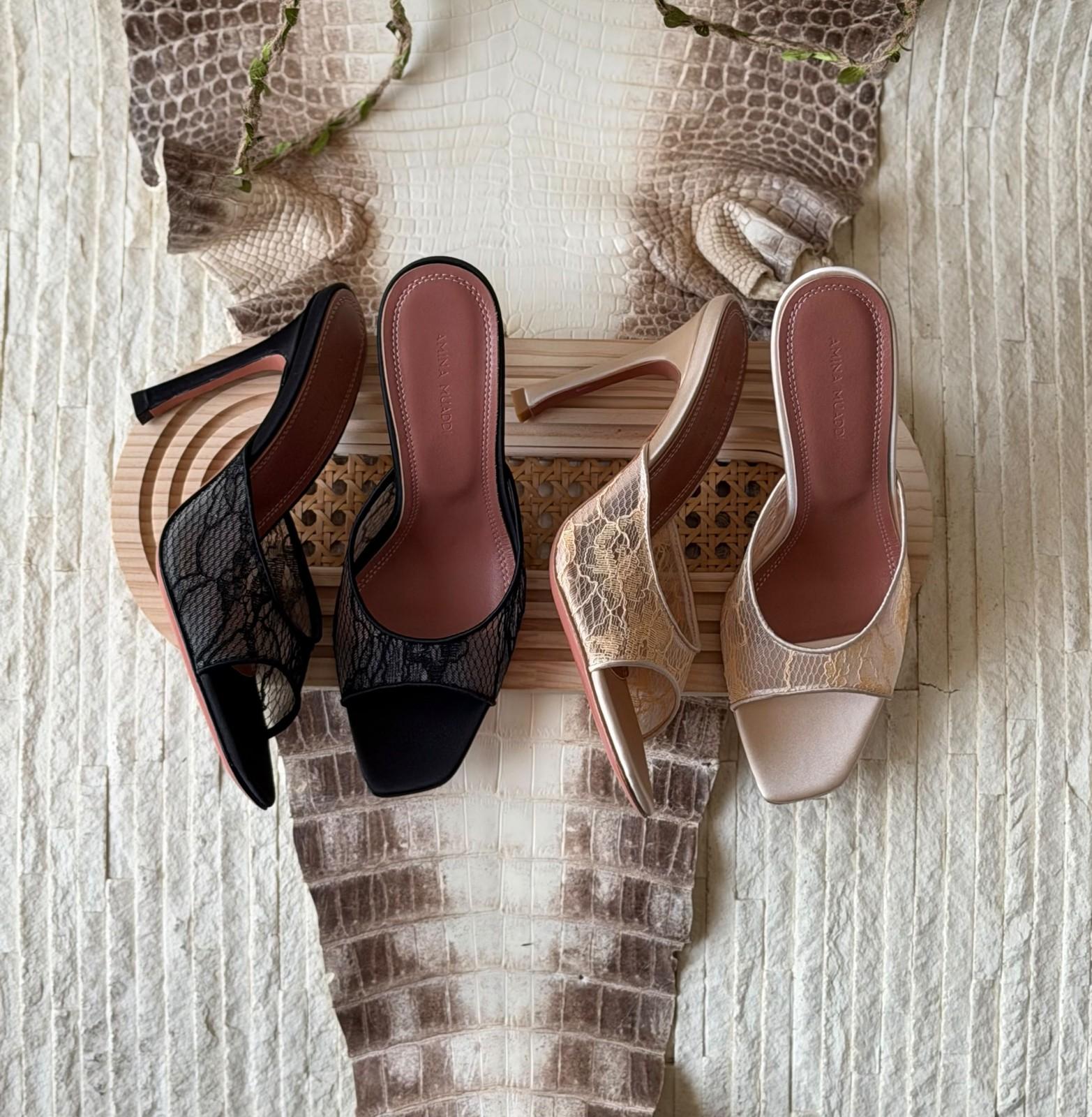 Amina Muaddi lace mule heels with martini heel · 2