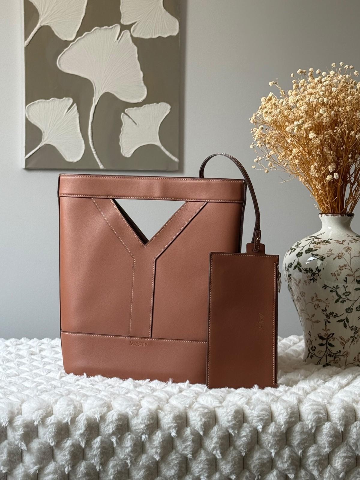 Y-Strap Cut-Out Tote Bag in Tan Leather and Canvas with Pouch · 2