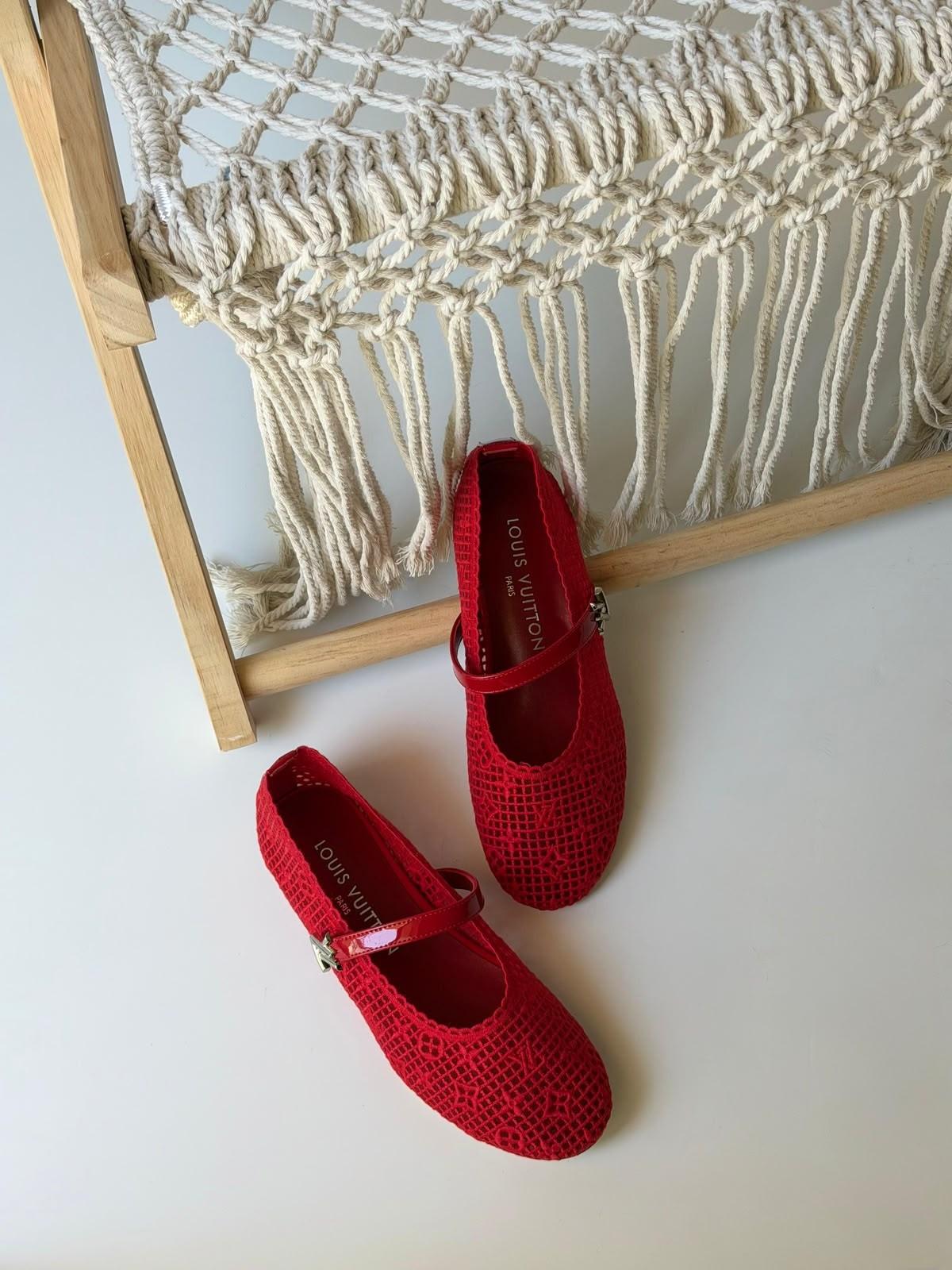 Louis Vuitton Red Mesh Mary Jane Flat with Patent Strap