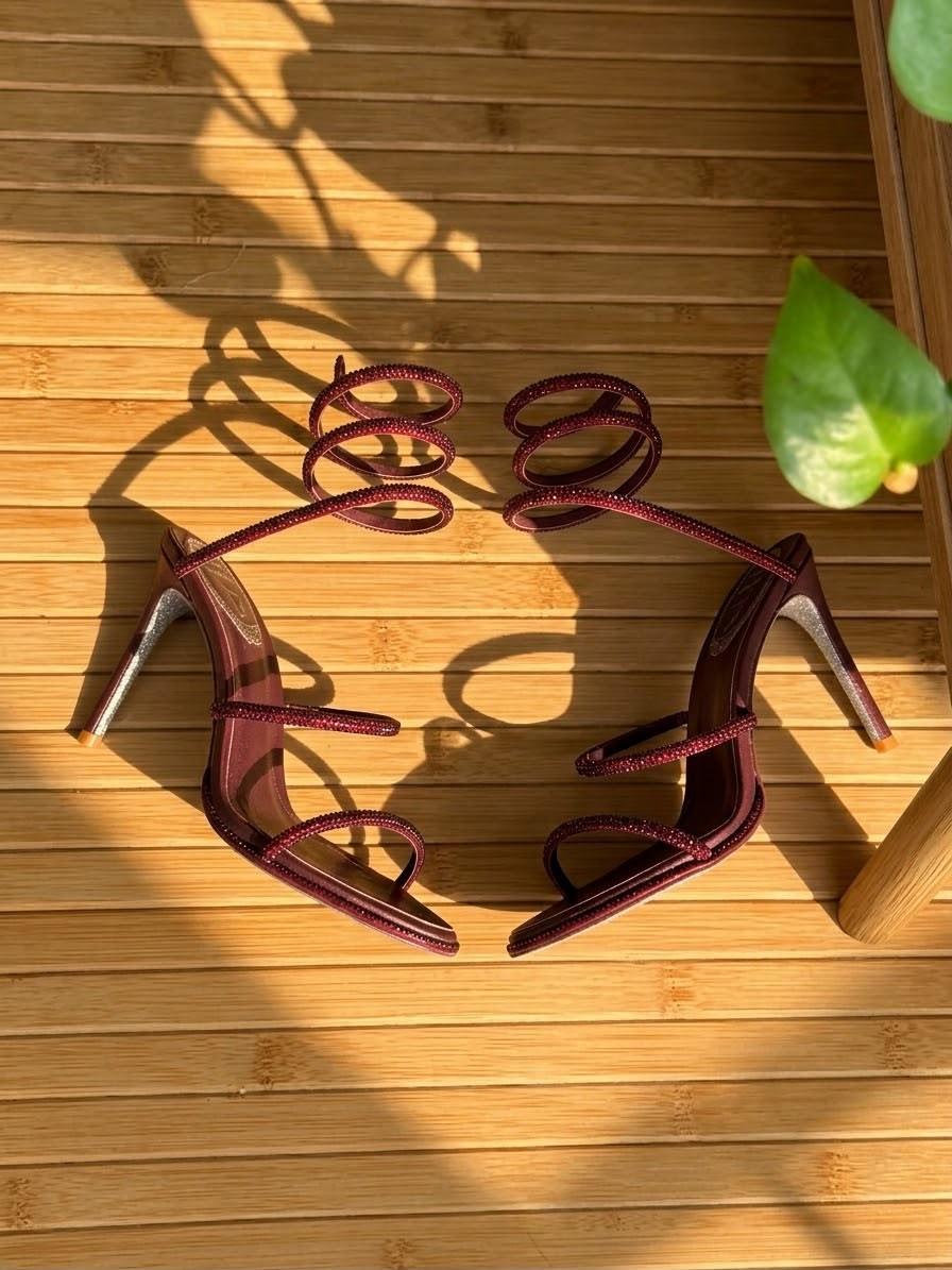 René Caovilla Burgundy Crystal-Coil Strappy Stiletto Sandal · 3