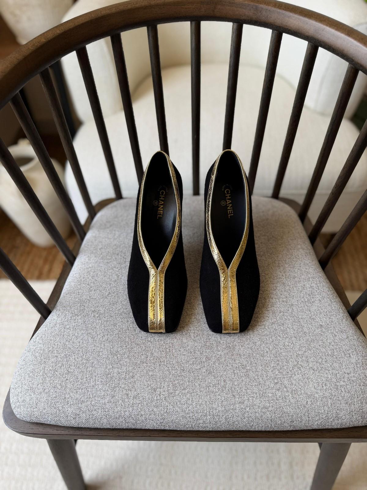 Chanel Black Suede Pumps with Gold Trim · 2
