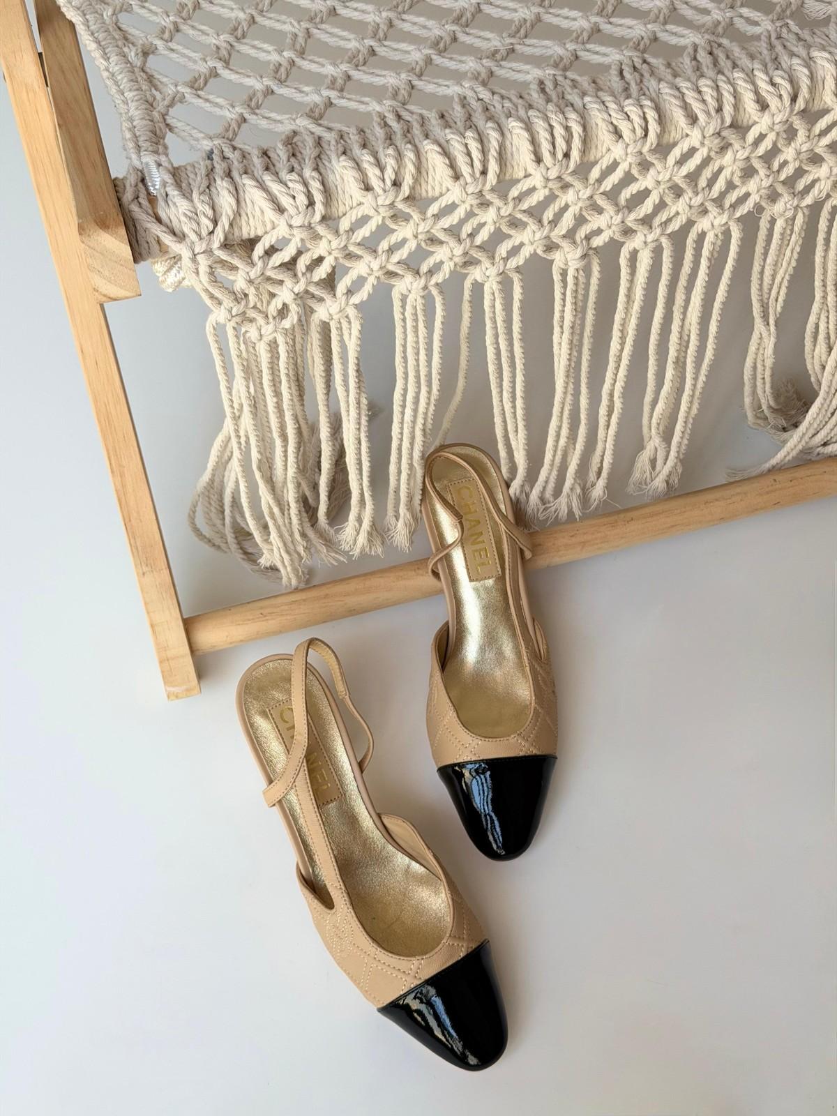 Chanel Slingback Pumps in Beige Lambskin with Black Patent Cap-Toe · 2