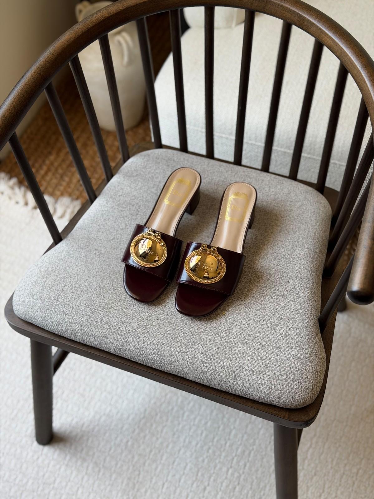 Dior Burgundy Patent Mules with Gold Buckle Emblem · 2