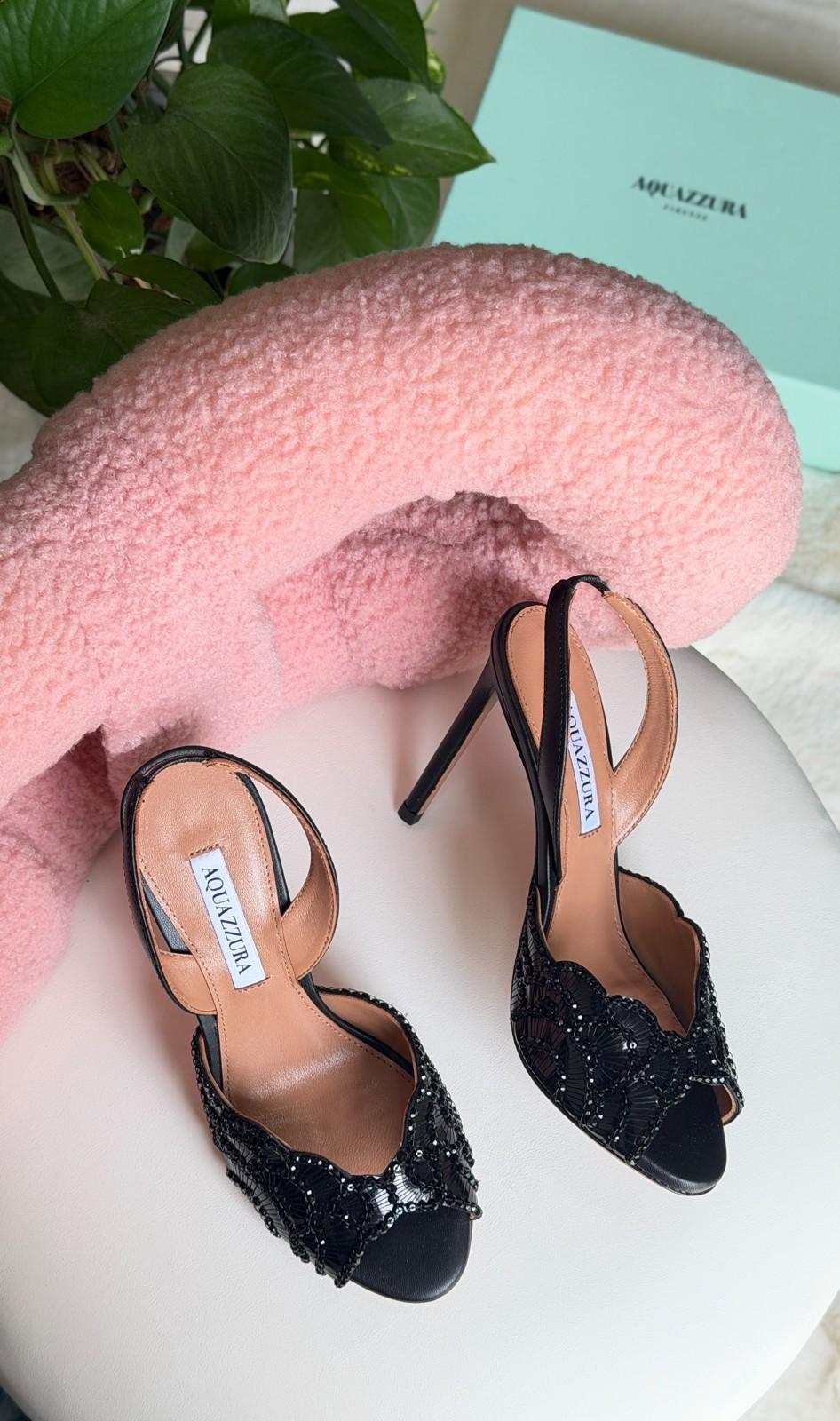 Aquazzura Black Beaded Lace Slingback Sandal