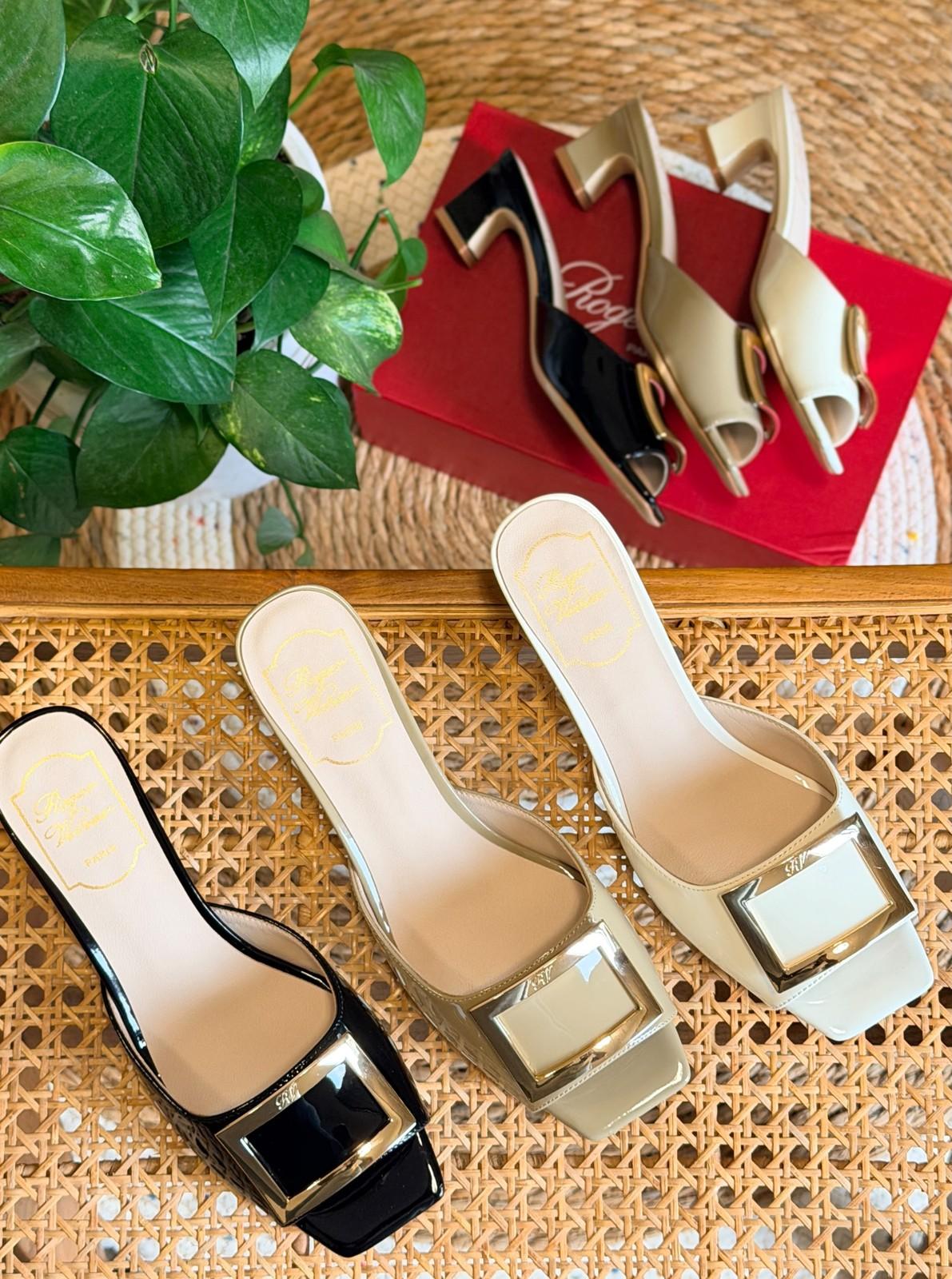 Roger Vivier Belle Vivier Square-Toe Patent Mule in Cream · 2