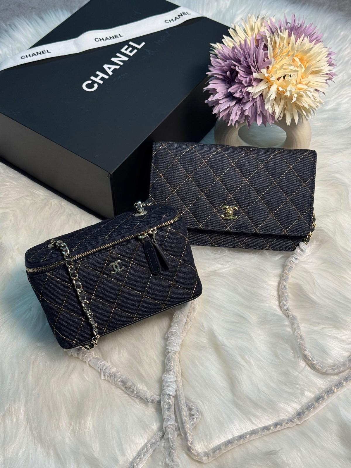 Chanel Quilted Denim Wallet on Chain with Vanity Case in Navy · 2