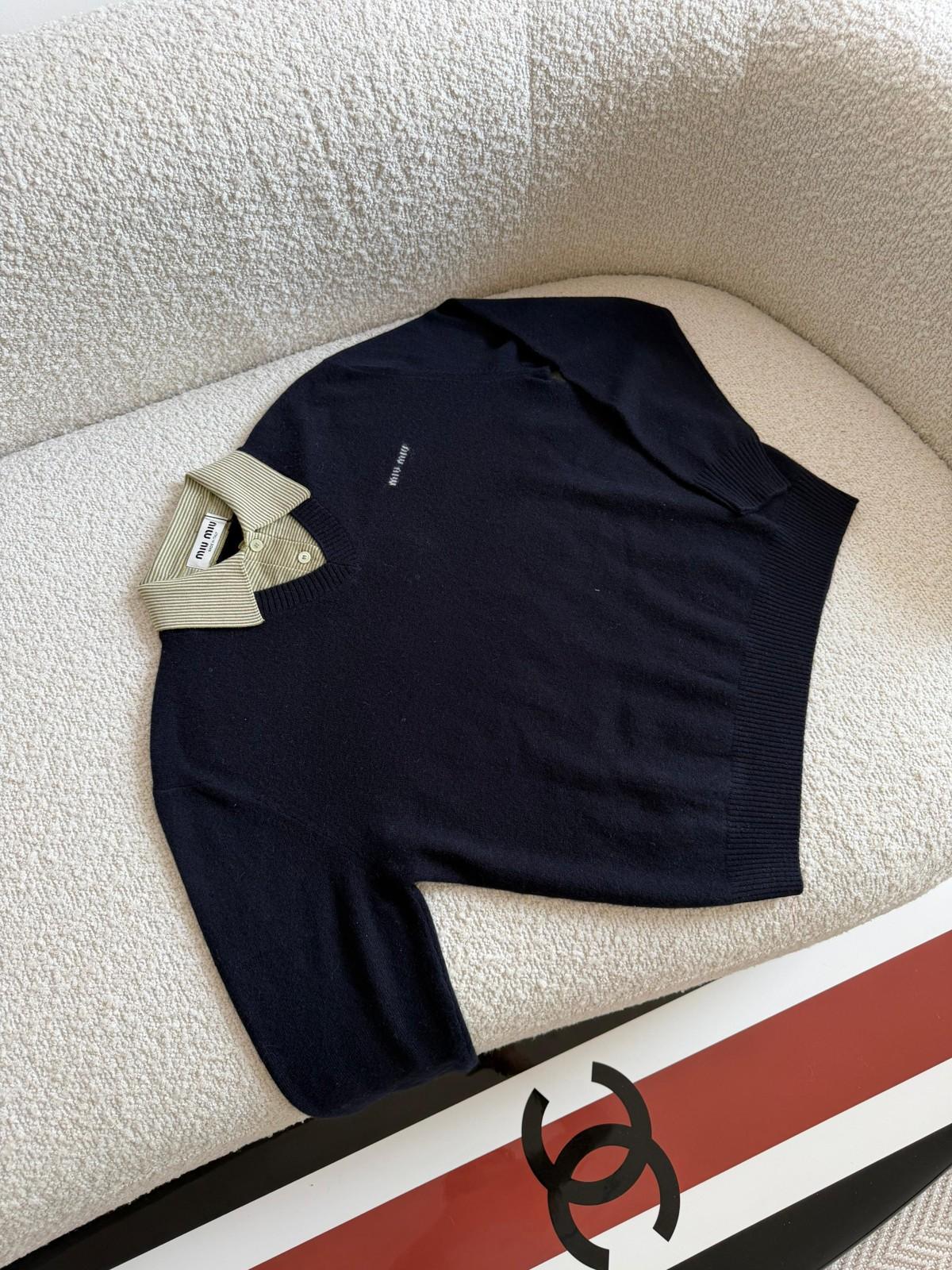 Miu Miu Navy Knit Sweater with Striped Poplin Collar · 3