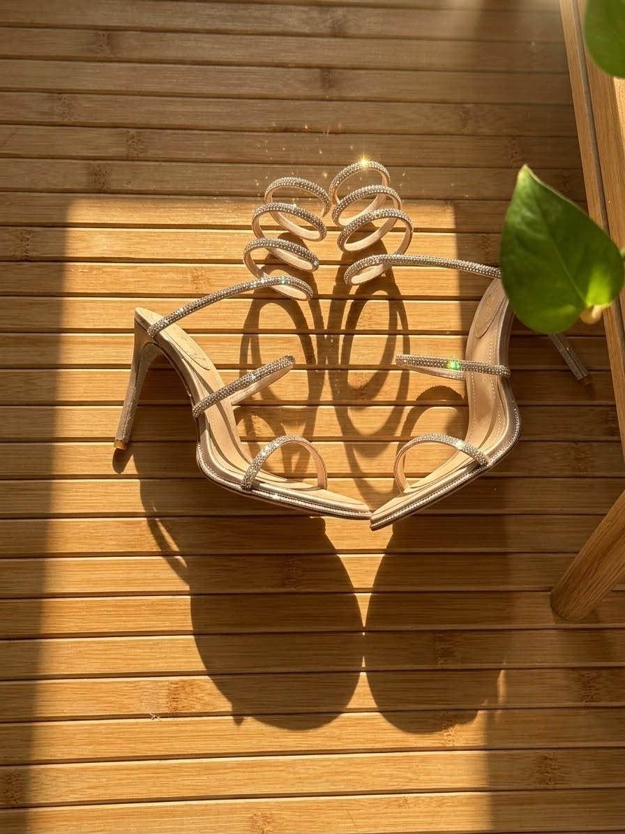 صندل رينيه كافيلا الذهبي بكعب عالٍ وحزام ملتف بالكريستال · 2