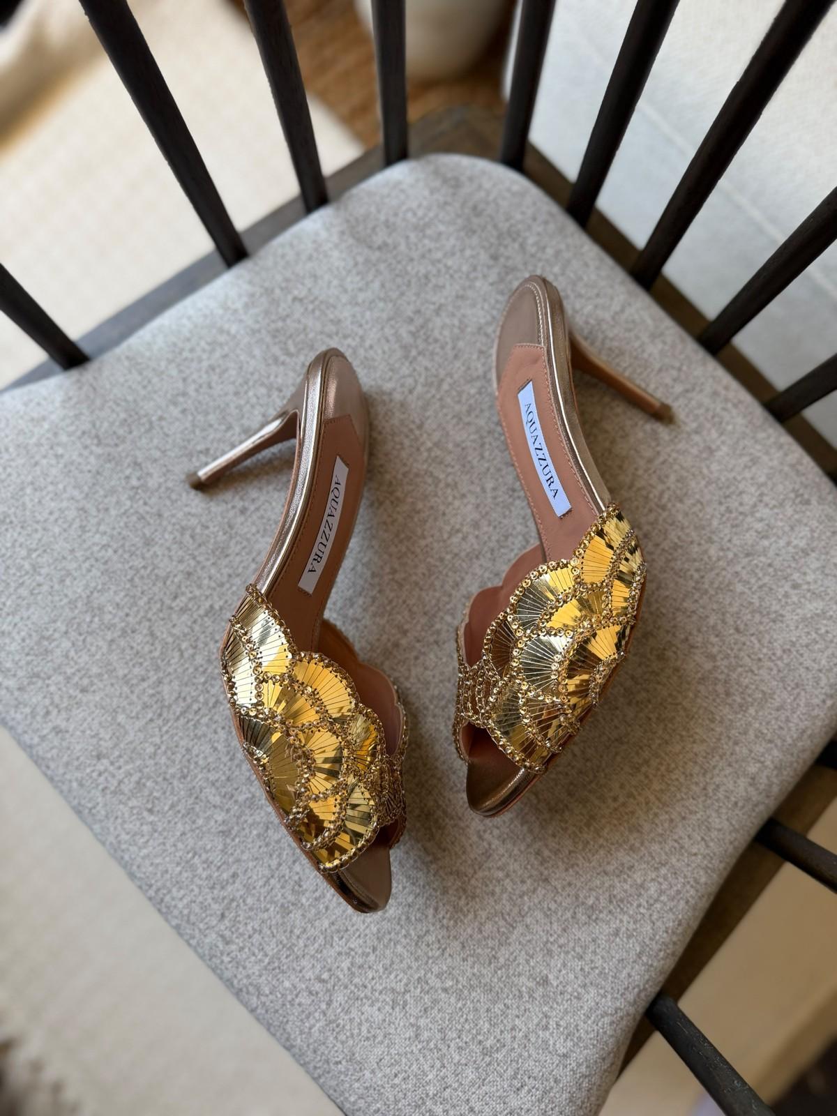 Aquazzura Gold Sequin Embellished Peep-Toe Mule Sandals · 3