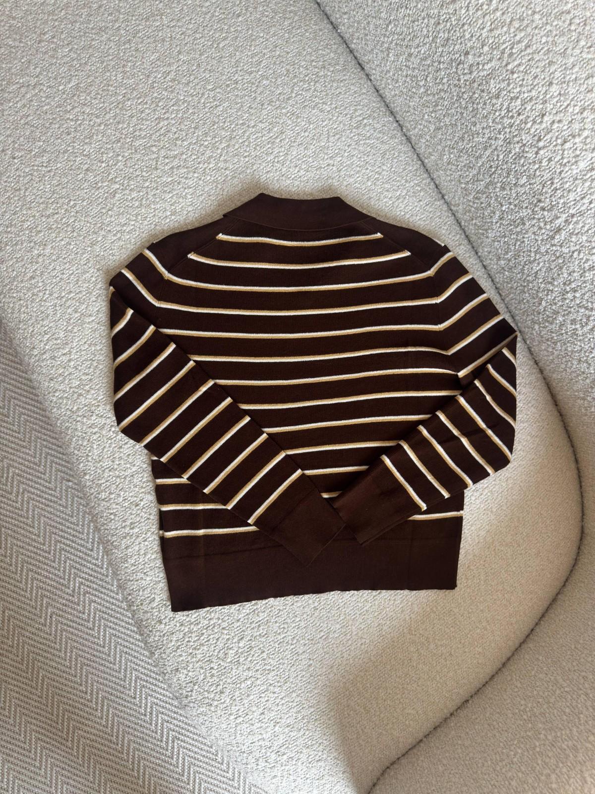 Miu Miu Striped Knit Polo Sweater in Brown with Ivory Stripes · 3