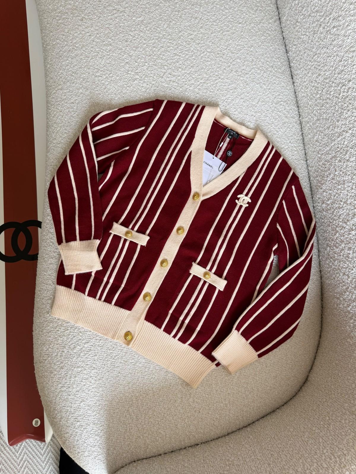 Chanel Striped Knit Cardigan with Cream Trim · 2