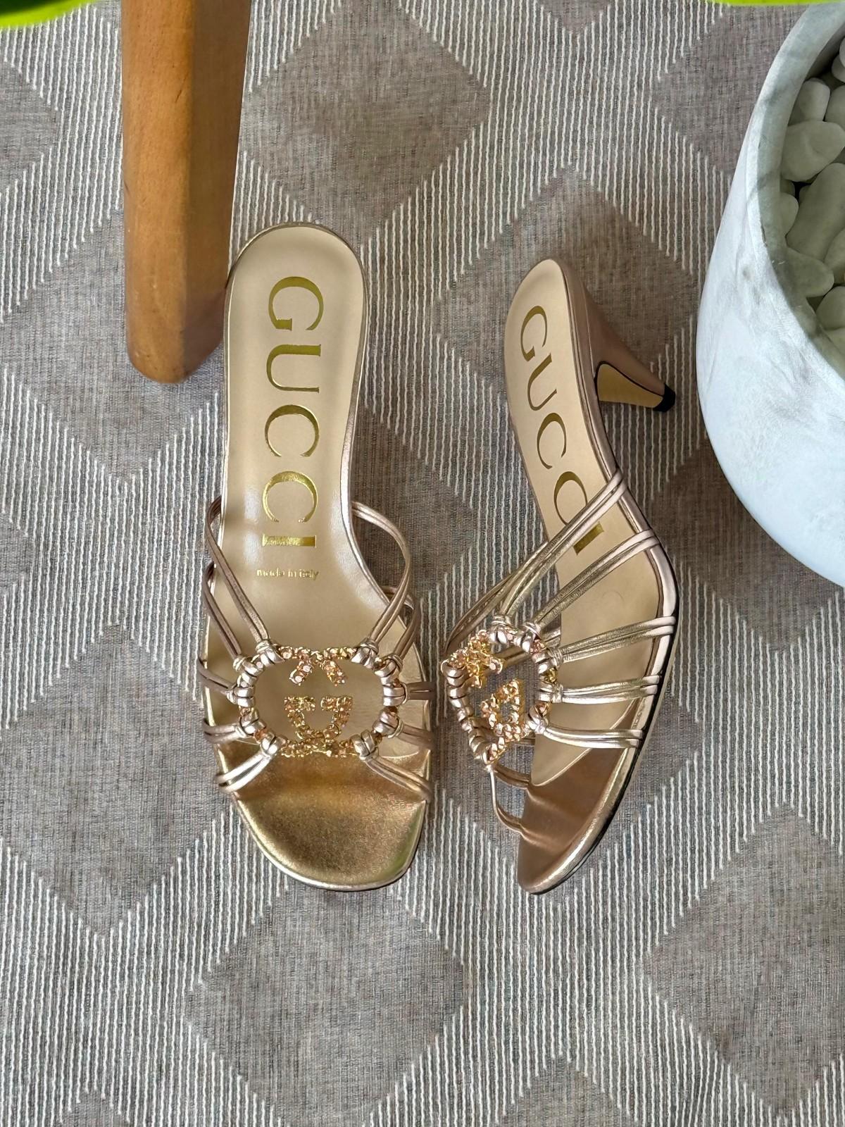 Gucci GG Crystal Embellished Metallic Strappy Sandal in Gold · 3
