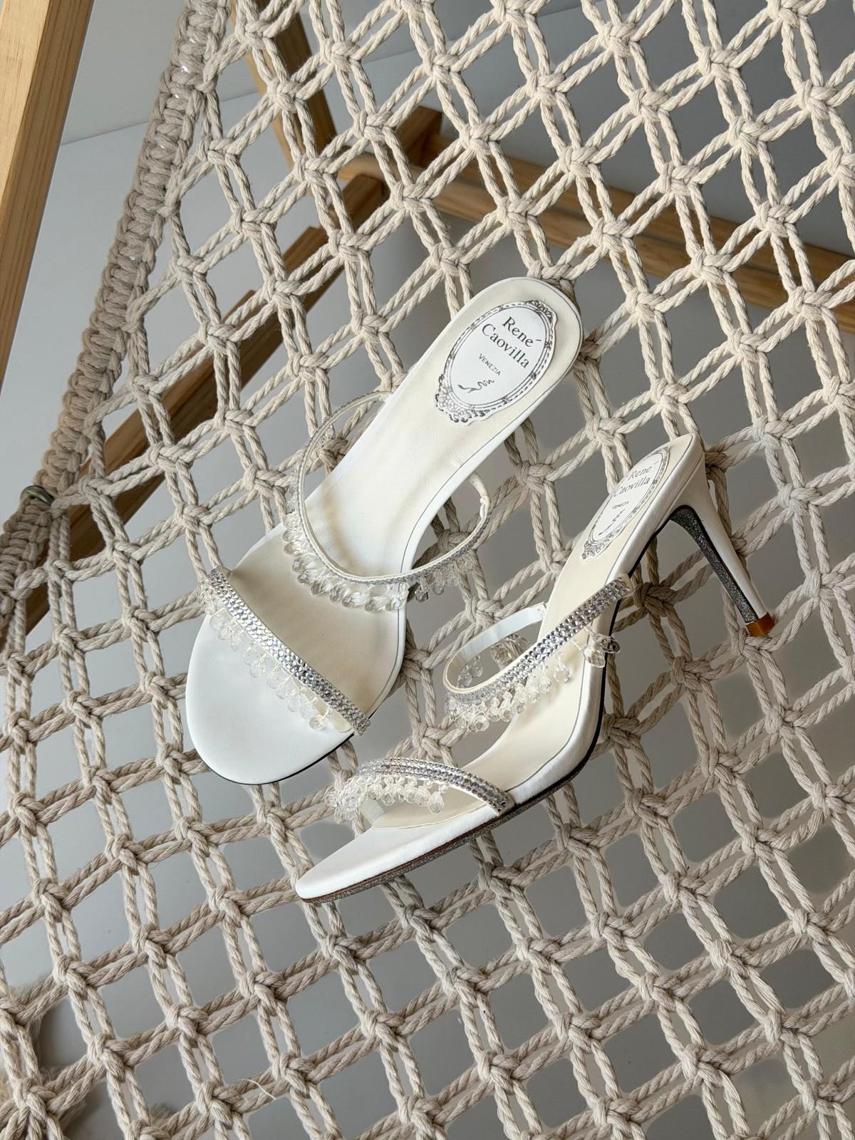 René Caovilla White Satin Crystal-Embellished Stiletto Sandals · 3