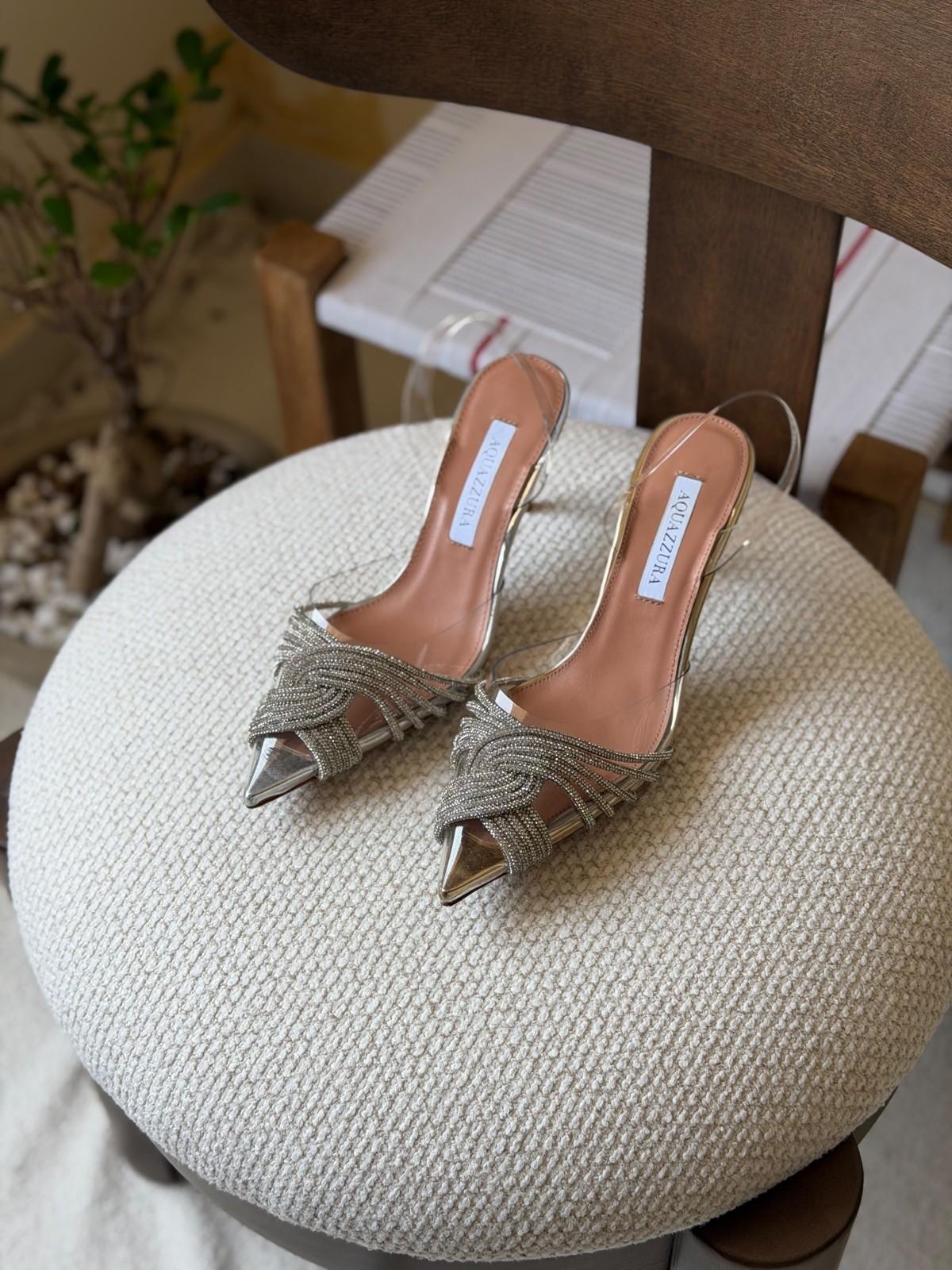 Aquazzura Crystal-Embellished Metallic Strappy Pointed-Toe Sandal in Silver · 2