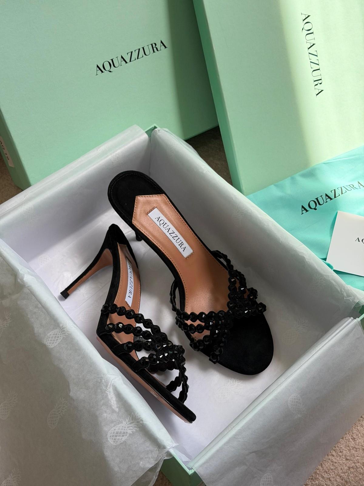 Aquazzura Black Beaded Mule Sandals with Crystal Straps · 2