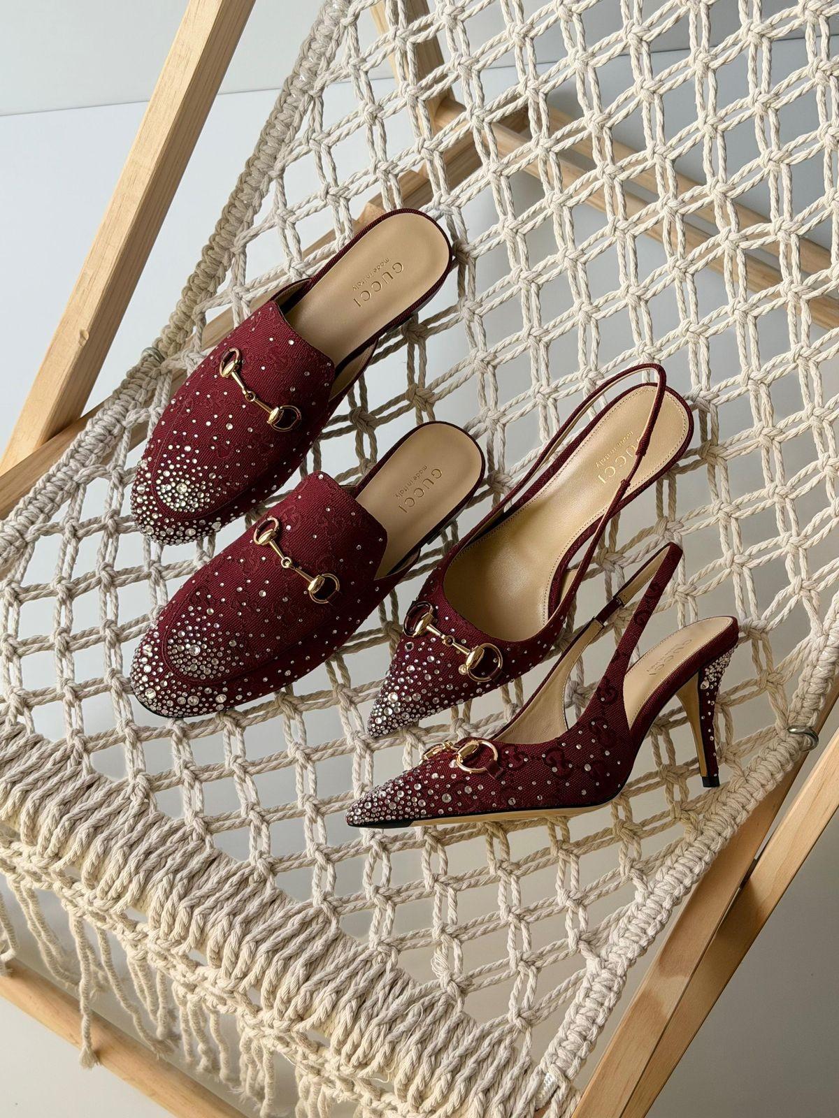 Gucci Horsebit Crystal-Embellished Mules and Slingback Pumps in Maroon Suede · 2