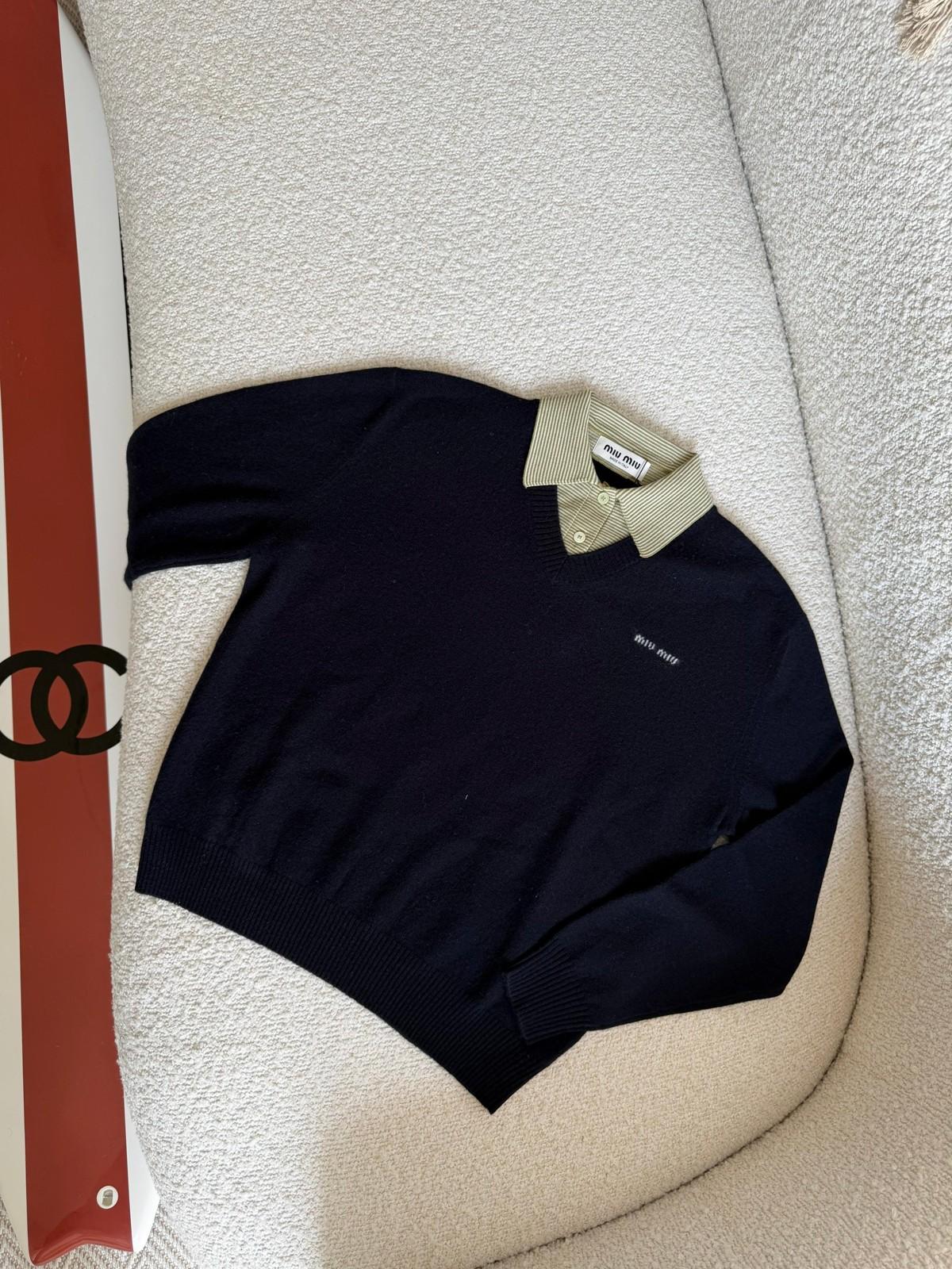 Miu Miu Navy Knit Sweater with Striped Poplin Collar · 2