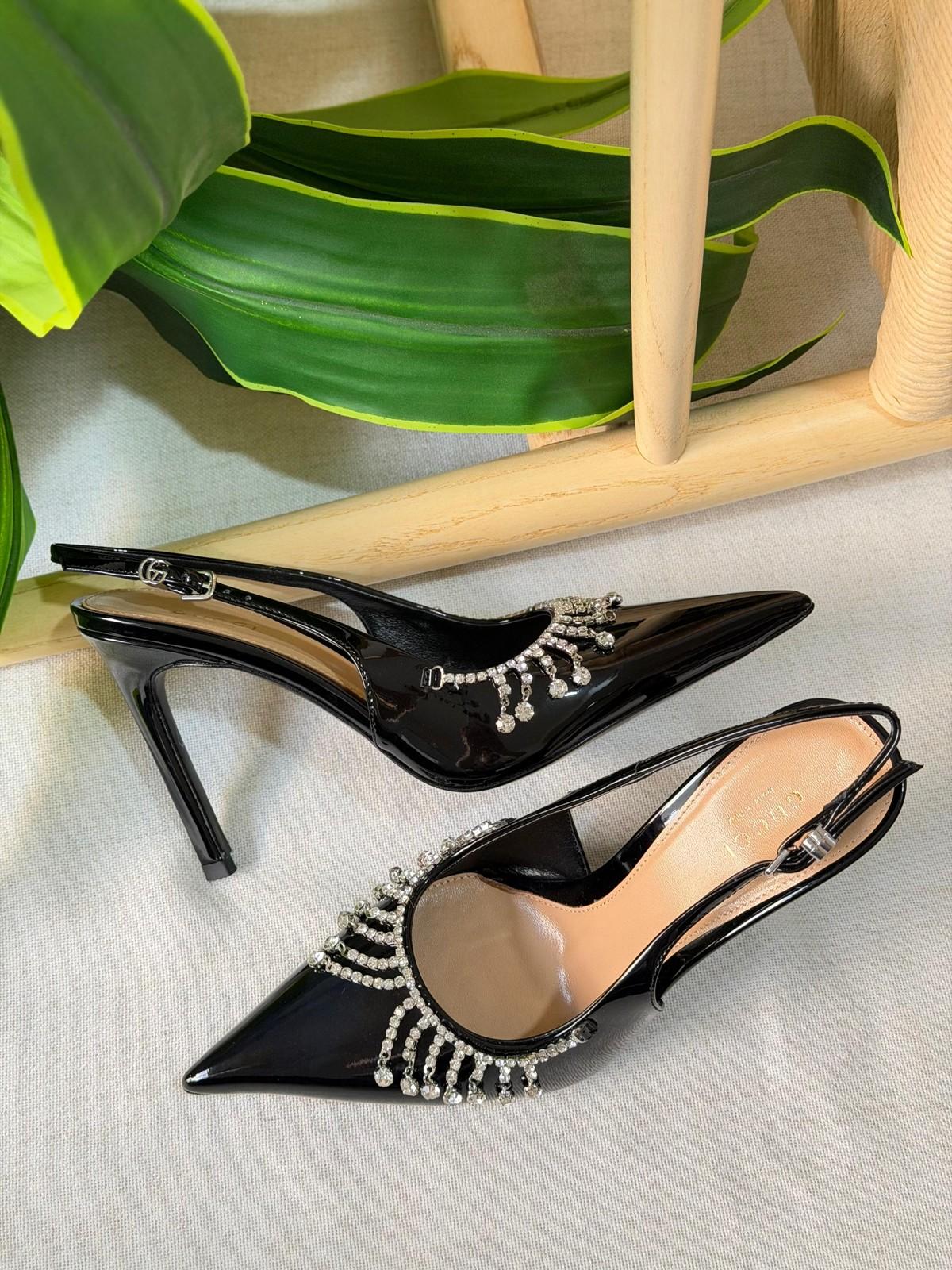 Gucci Crystal-Fringe Pointed Slingback Pumps in Patent Leather · 3