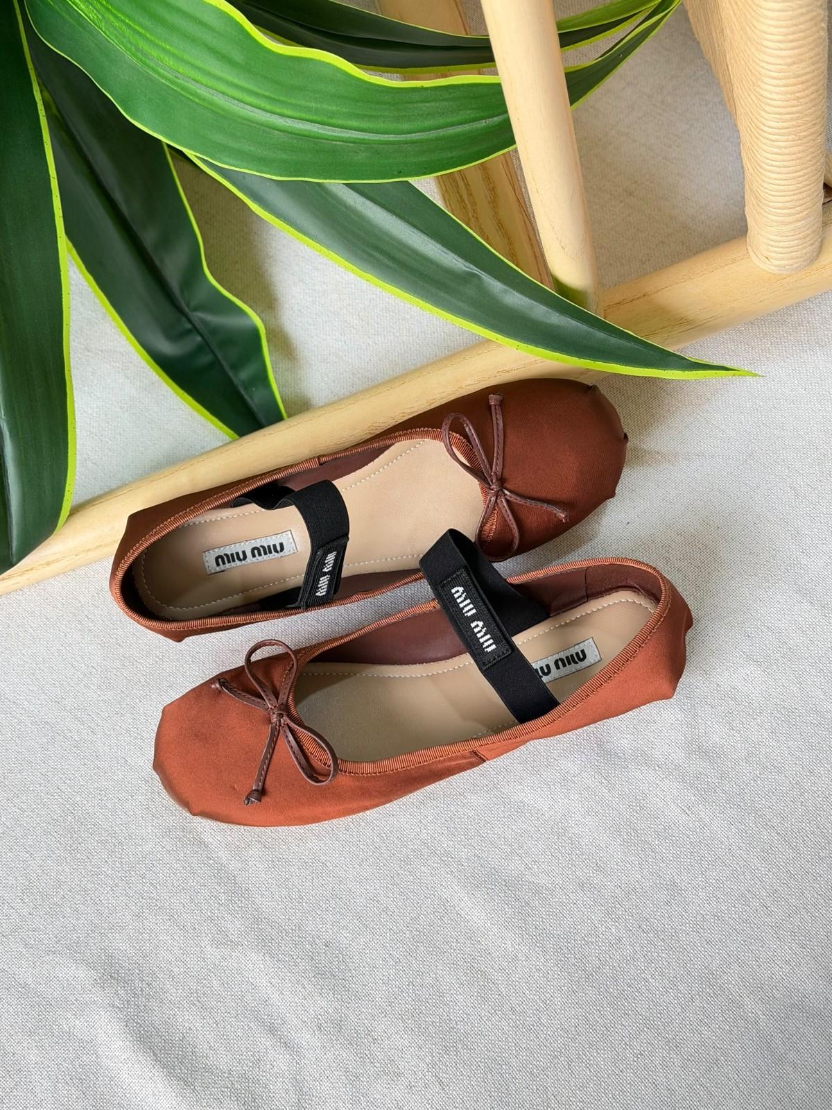 Miu Miu Satin Ballet Flat with Logo Elastic Strap in Brown · 2