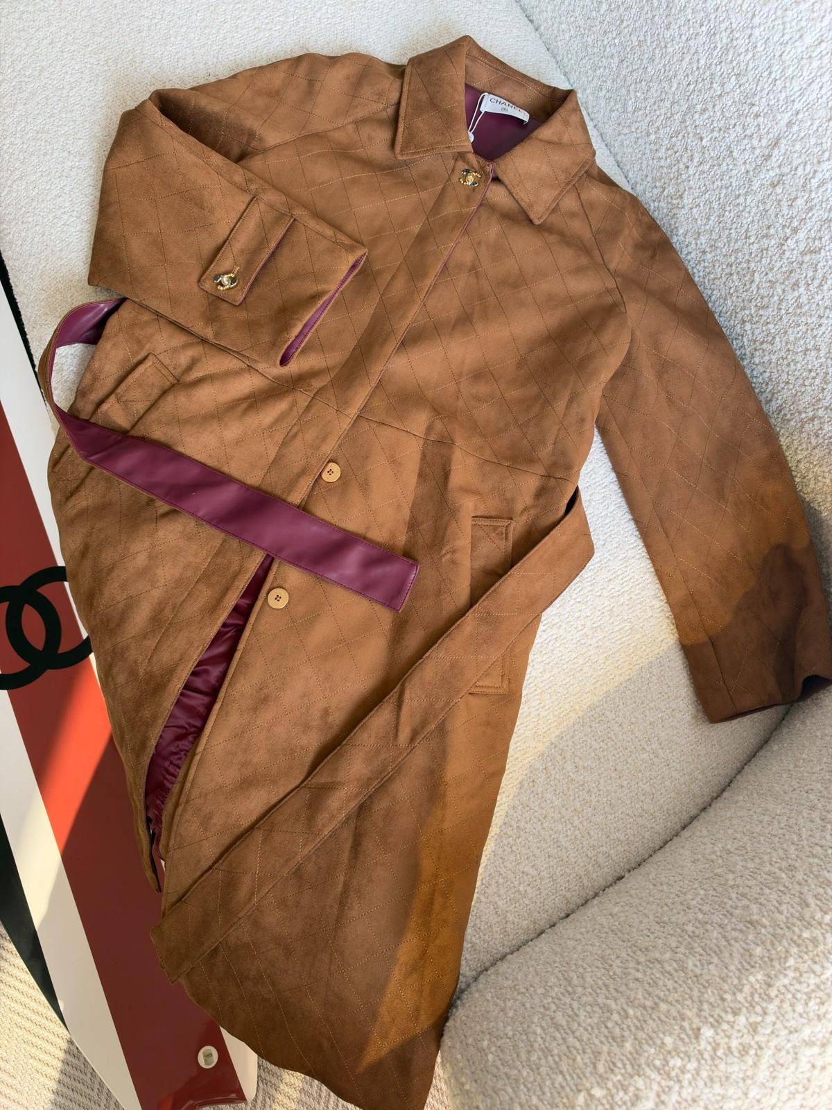 Chanel Quilted Suede Belted Jacket in Brown with Burgundy Trim · 2